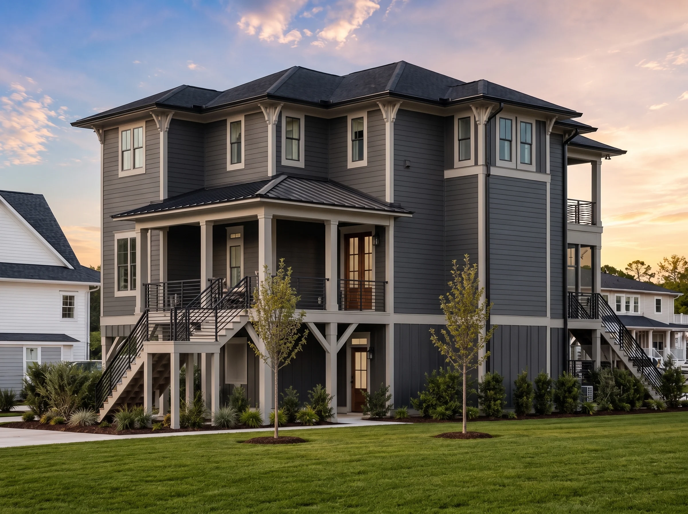 20-1069 HOUSE PLAN – Coastal Home Plan – 4-Bed, 4-Bath, 3,420 SF - Modern Dark, AI-generated exterior concept