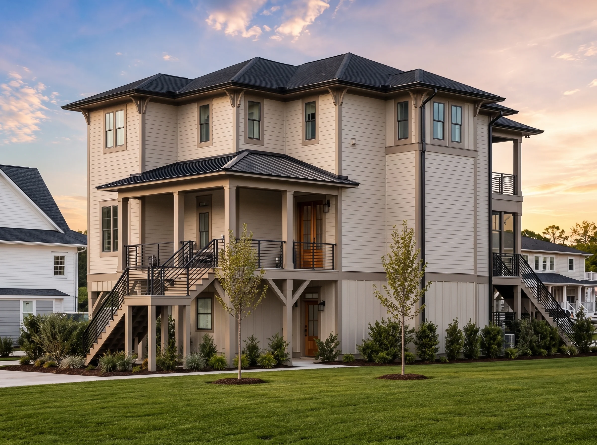 20-1069 HOUSE PLAN – Coastal Home Plan – 4-Bed, 4-Bath, 3,420 SF - Warm Natural, AI-generated exterior concept