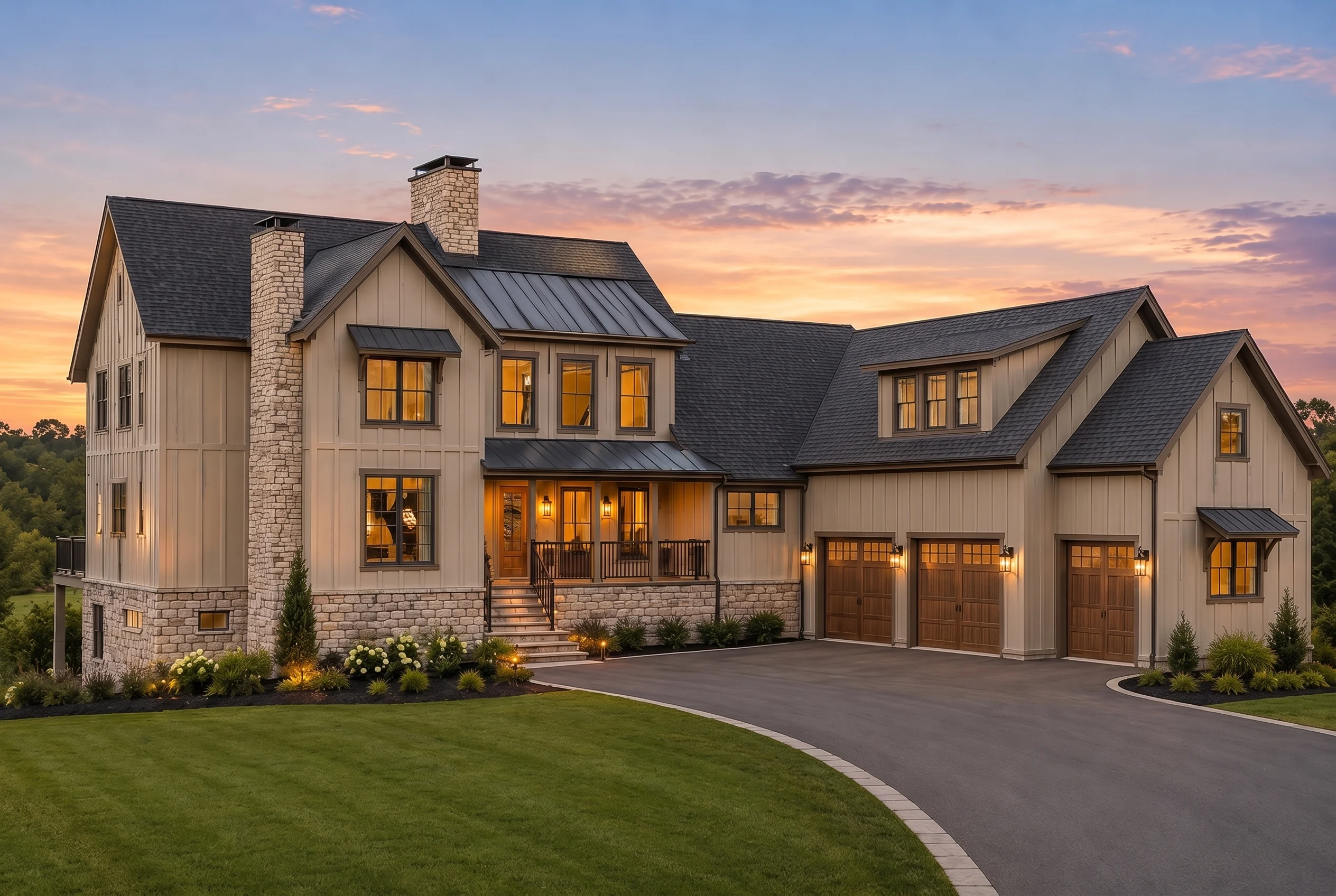 22-2120 HOUSE PLAN – Modern Farmhouse Home Plan – 4-Bed, 5.5-Bath, 5,013 SF - Warm Natural, AI-generated exterior concept