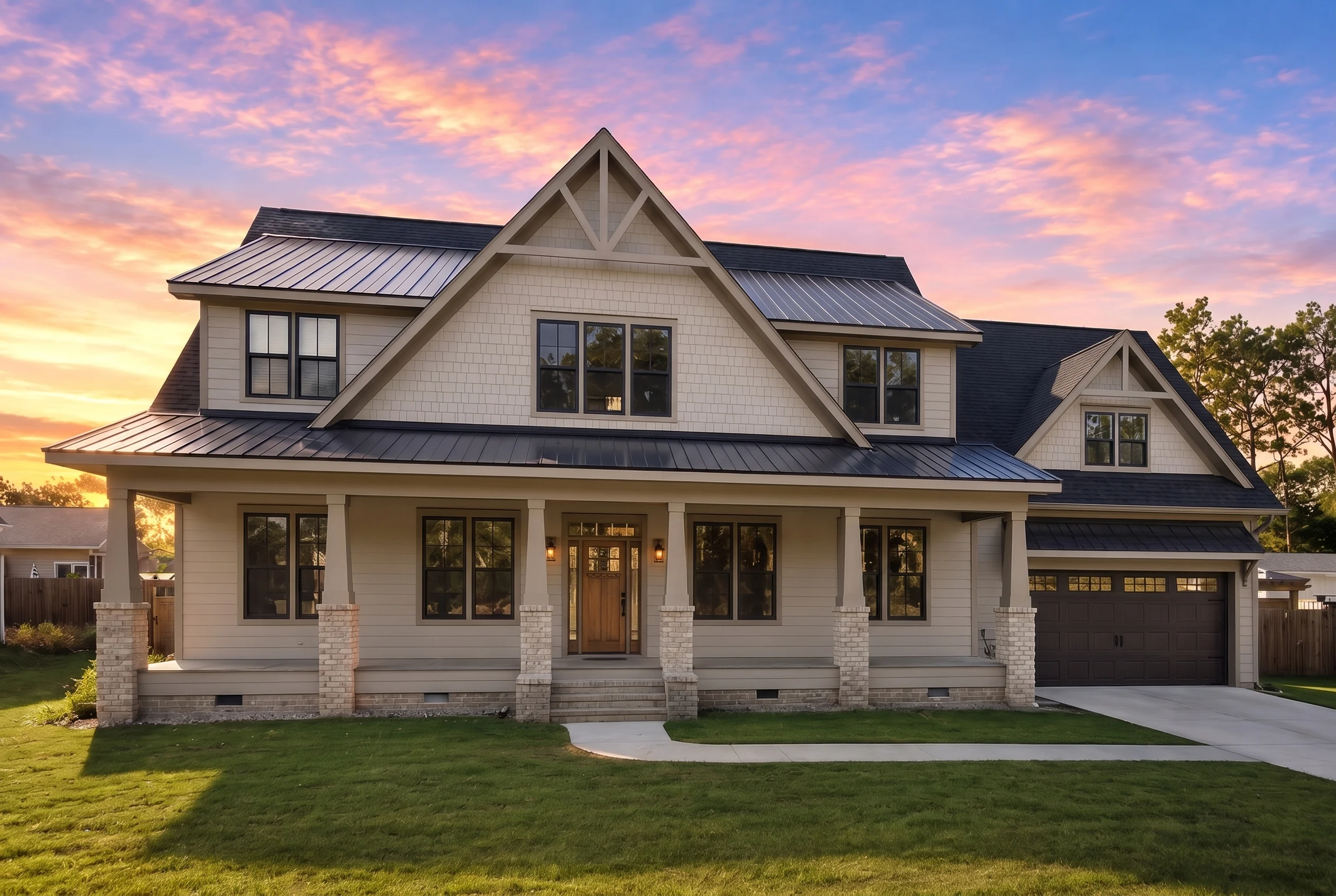 22-1596 HOUSE PLAN – Modern Farmhouse Home Plan – 5-Bed, 4.5-Bath, 3,390 SF - Warm Natural, AI-generated exterior concept