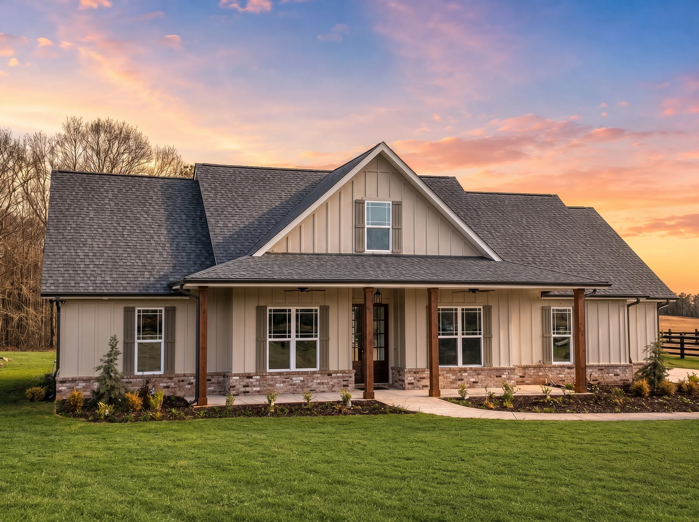22-1031 HOUSE PLAN – Modern Farmhouse Home Plan – 3-Bed, 2.5-Bath, 1,993 SF - Warm Natural, AI-generated exterior concept
