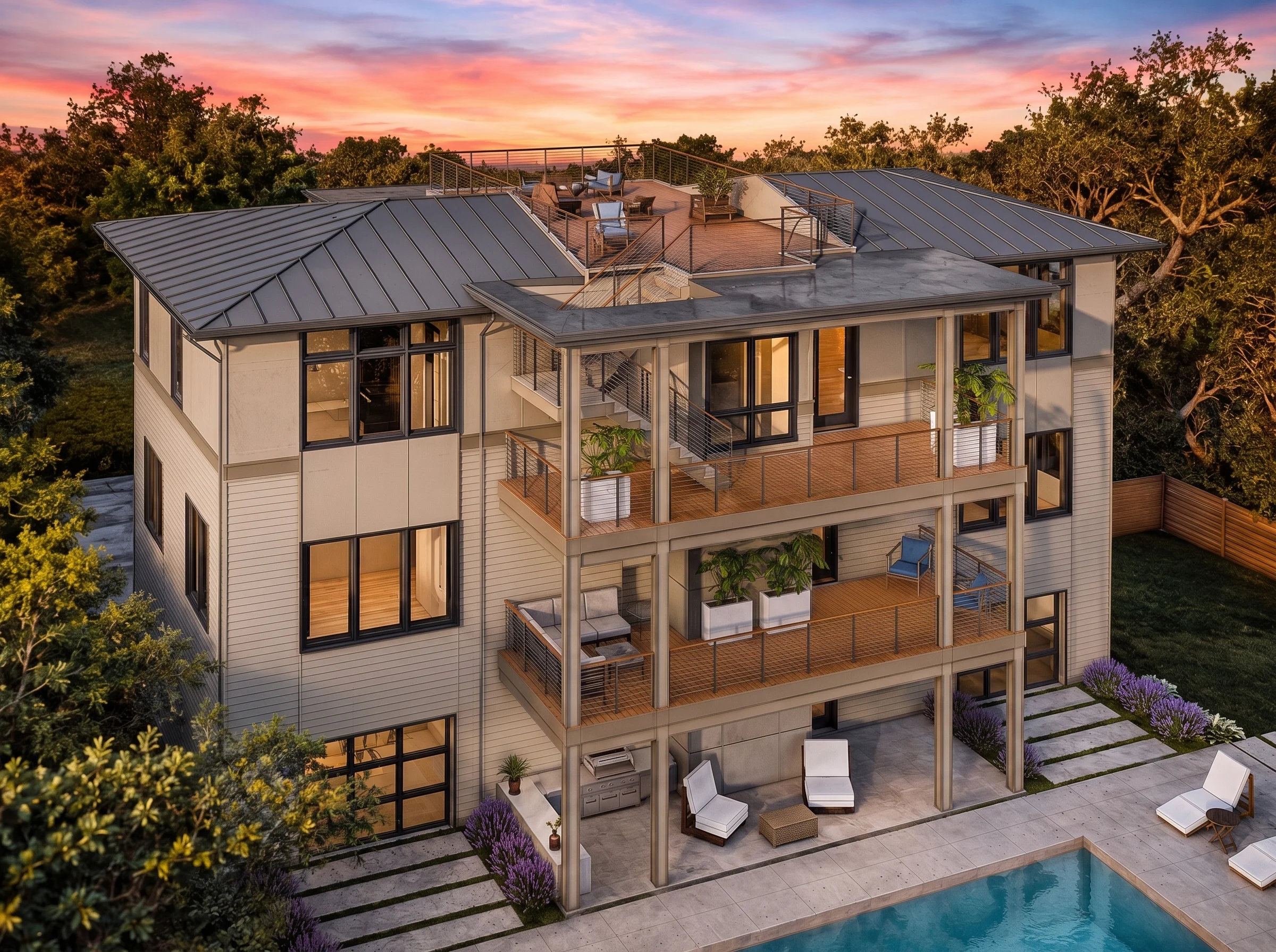 23-1166 HOUSE PLAN – Coastal Home Plan – 4-Bed, 4-Bath, 3,436 SF - Warm Natural, AI-generated exterior concept
