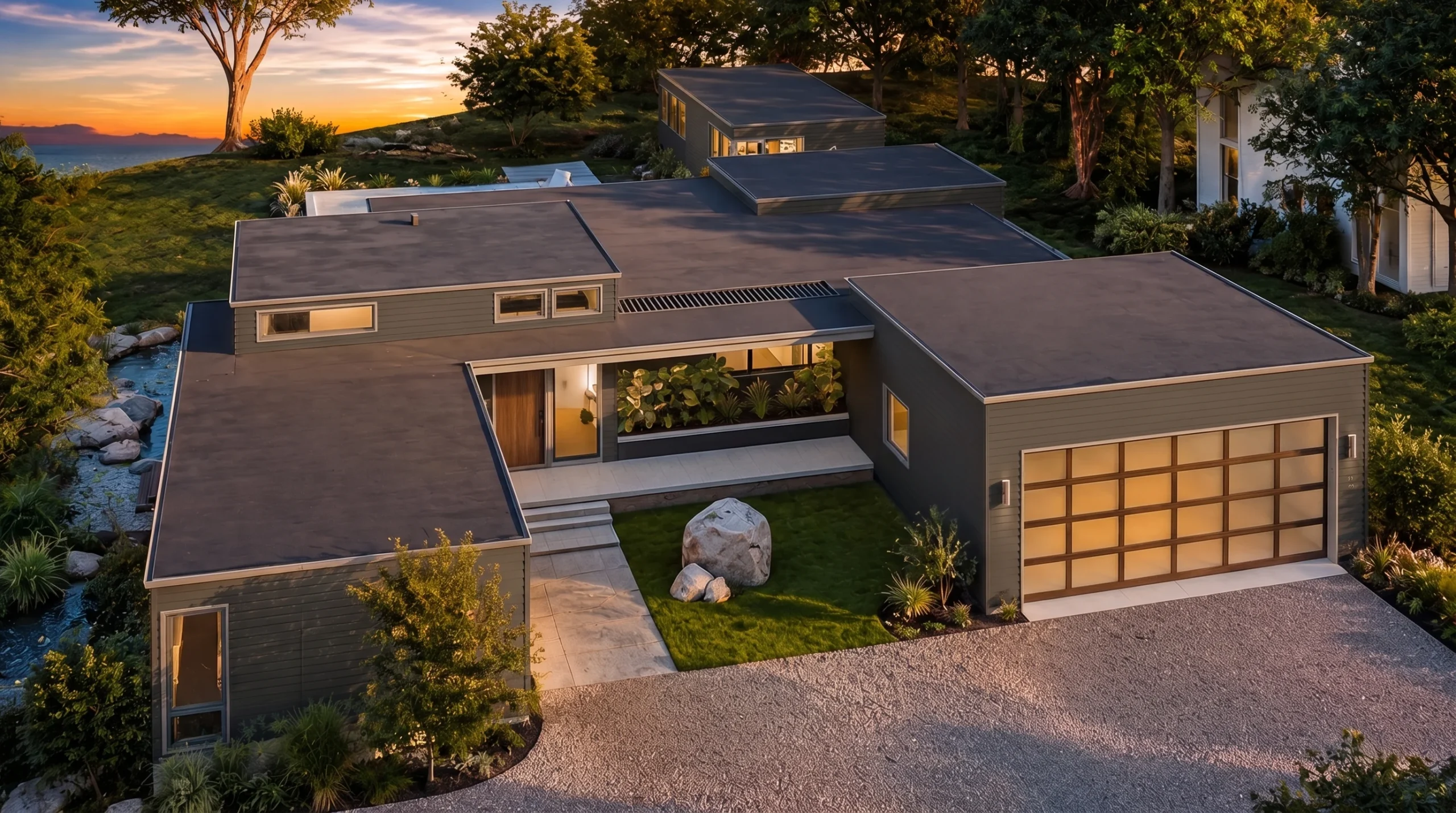 22-1974 HOUSE PLAN – Contemporary Ranch Home Plan – 4-Bed, 5-Bath, 3,730 SF - Modern Dark, AI-generated exterior concept