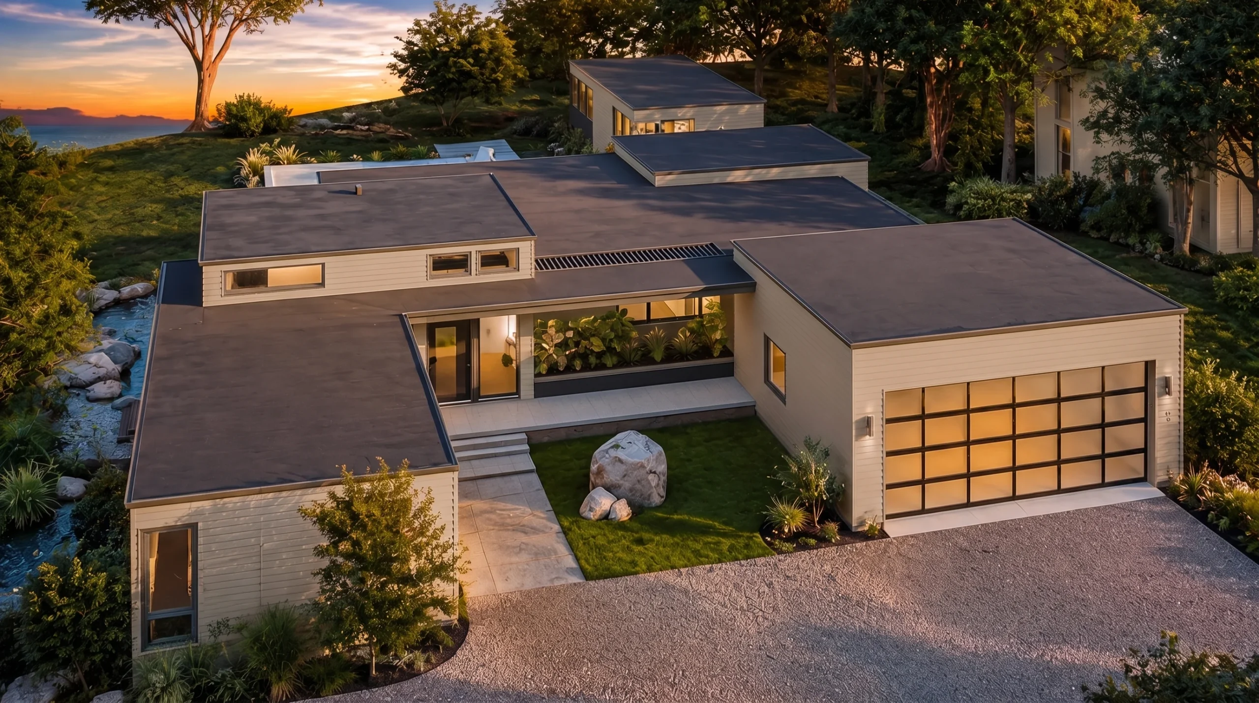 22-1974 HOUSE PLAN – Contemporary Ranch Home Plan – 4-Bed, 5-Bath, 3,730 SF - Warm Natural, AI-generated exterior concept