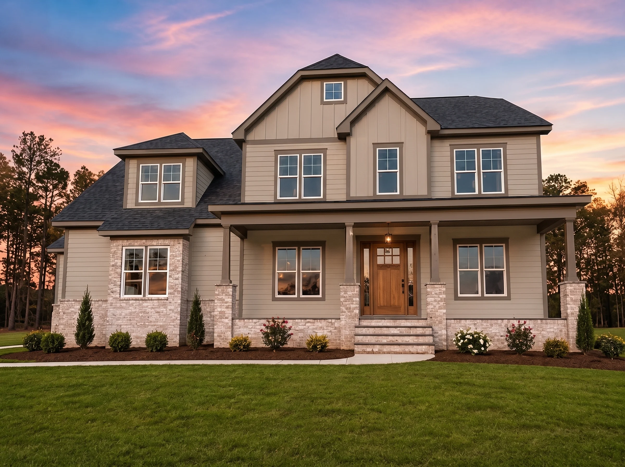 22-1480 HOUSE PLAN – Modern Farmhouse Home Plan – 4-Bed, 4-Bath, 3,668 SF - Warm Natural, AI-generated exterior concept
