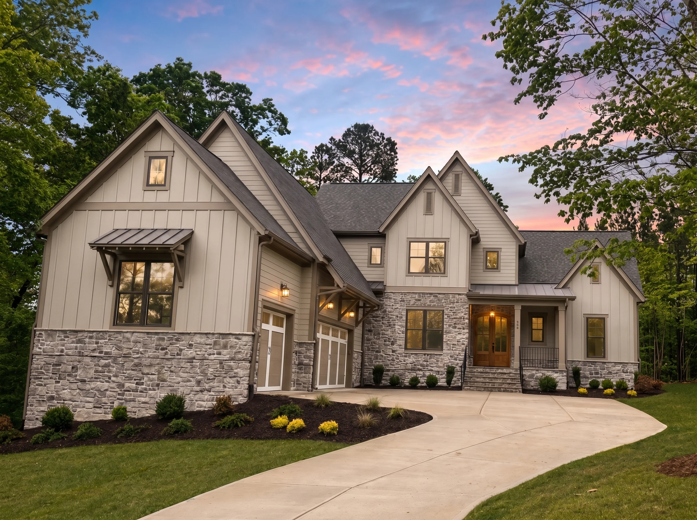 22-1009 HOUSE PLAN – Modern Farmhouse Home Plan – 4-Bed, 3.5-Bath, 4,343 SF - Warm Natural, AI-generated exterior concept
