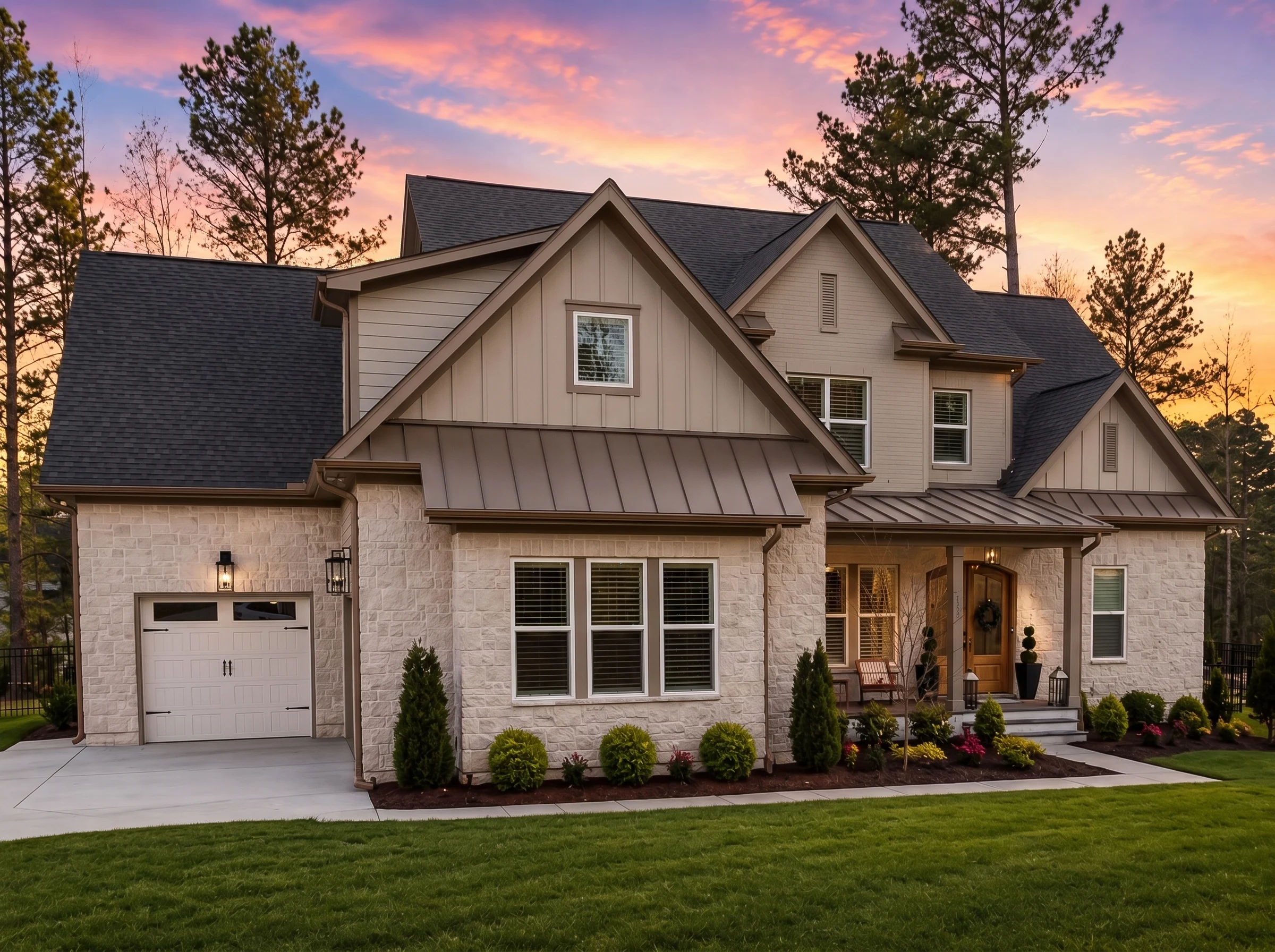 22-1586 HOUSE PLAN – Modern Farmhouse Home Plan – 4-Bed, 5-Bath, 4,446 SF - Warm Natural, AI-generated exterior concept