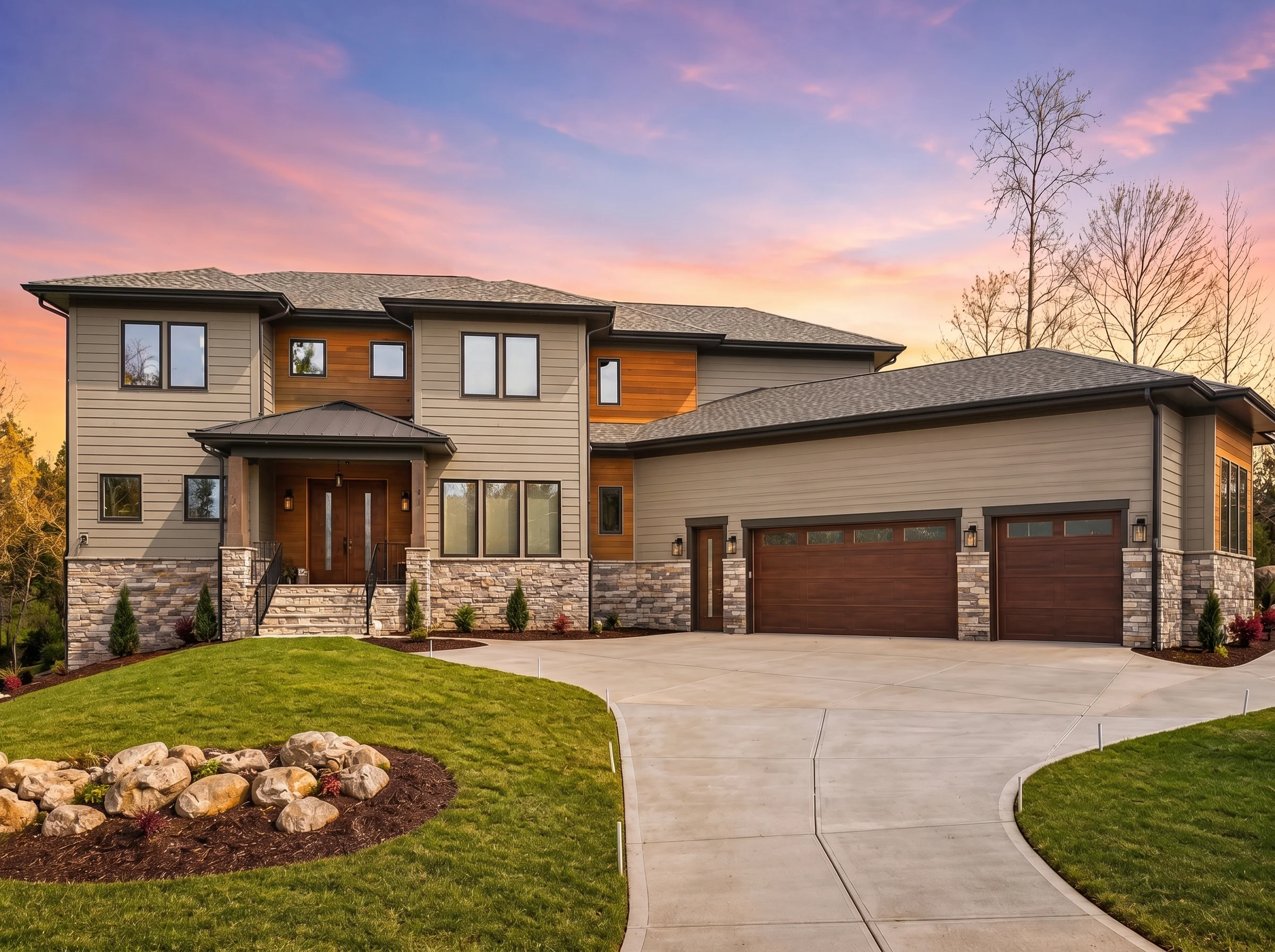 22-1601 HOUSE PLAN – Contemporary Home Plan – 3-Bed, 4.5-Bath, 5,204 SF - Warm Natural, AI-generated exterior concept