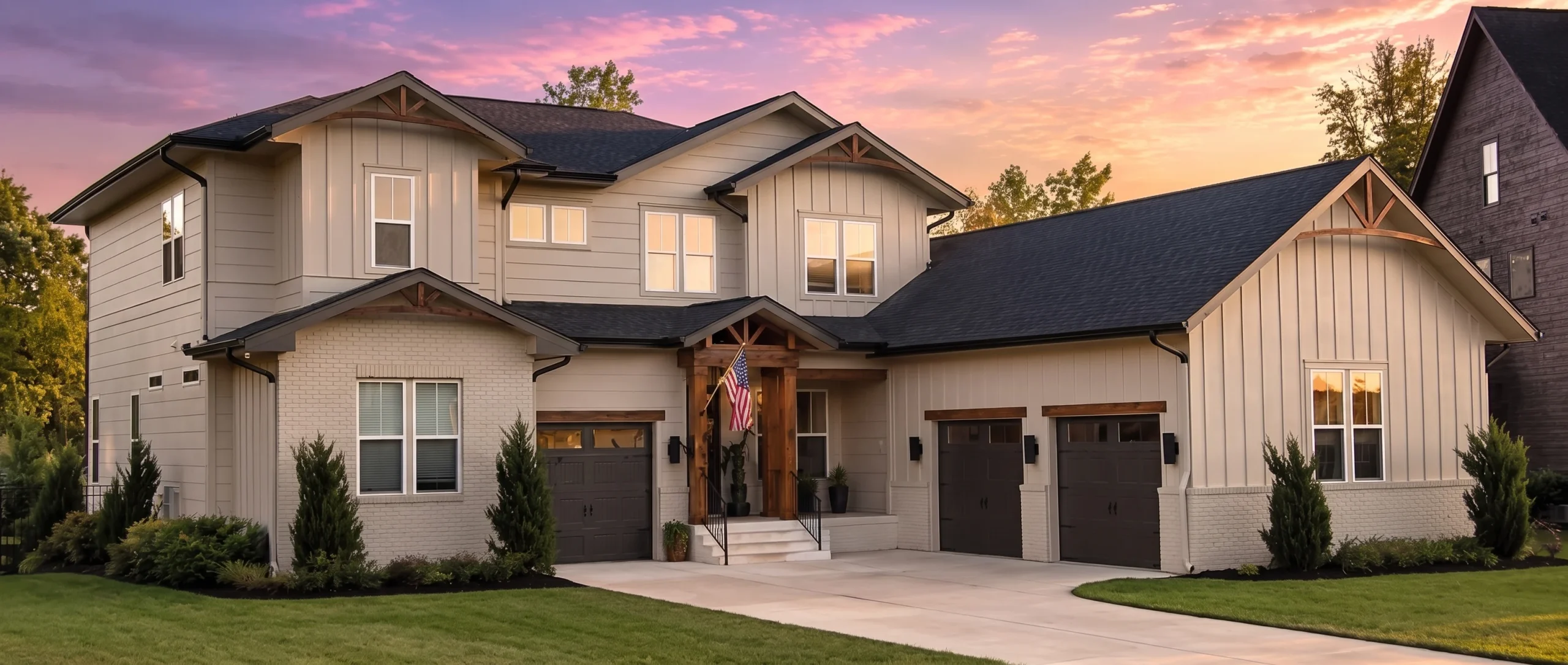 22-1567 HOUSE PLAN – Modern Farmhouse Home Plan – 4-Bed, 5-Bath, 3,800 SF - Warm Natural, AI-generated exterior concept