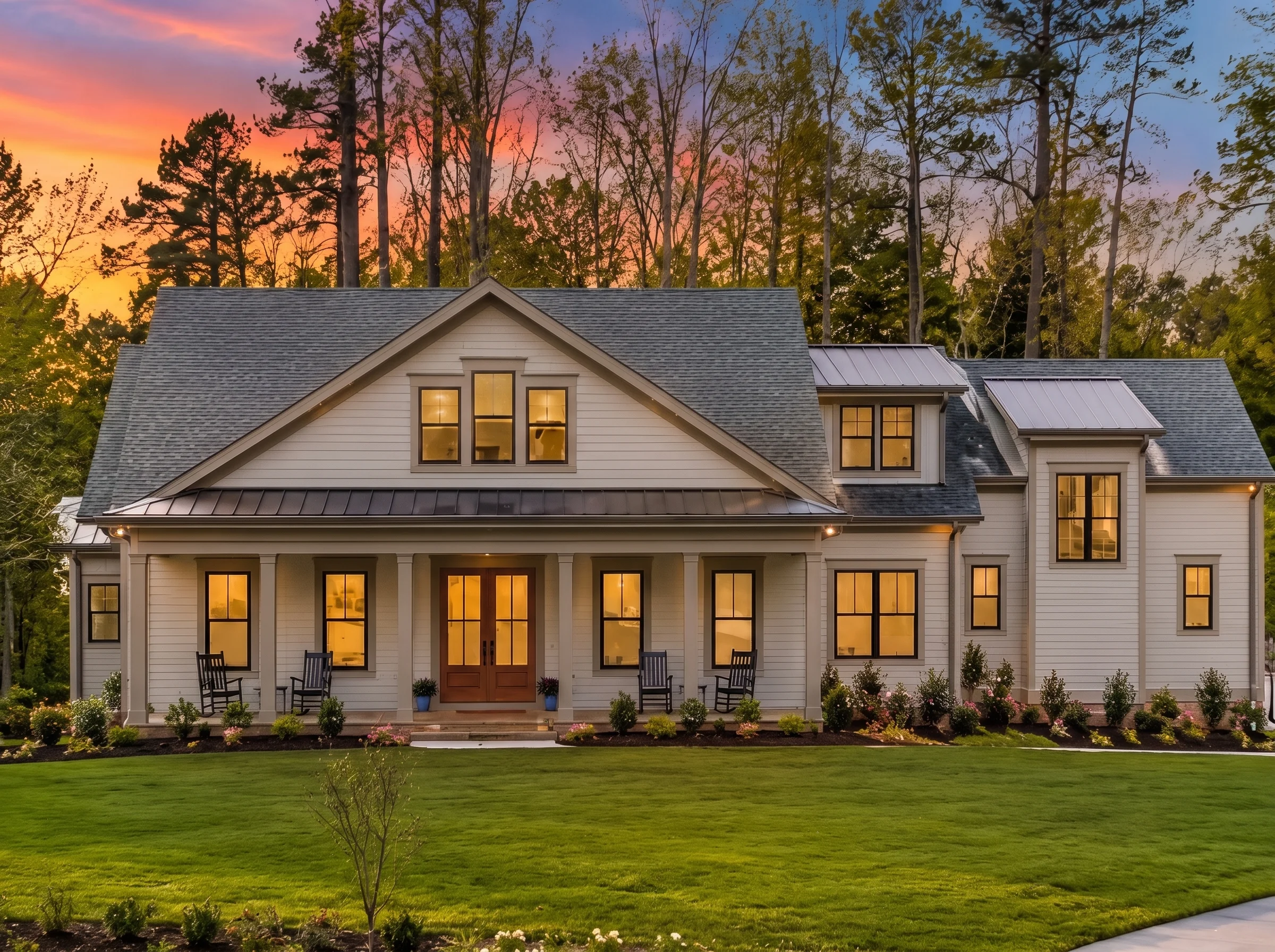 22-1278 HOUSE PLAN – Modern Farmhouse Home Plan – 4-Bed, 4-Bath, 4,697 SF - Warm Natural, AI-generated exterior concept