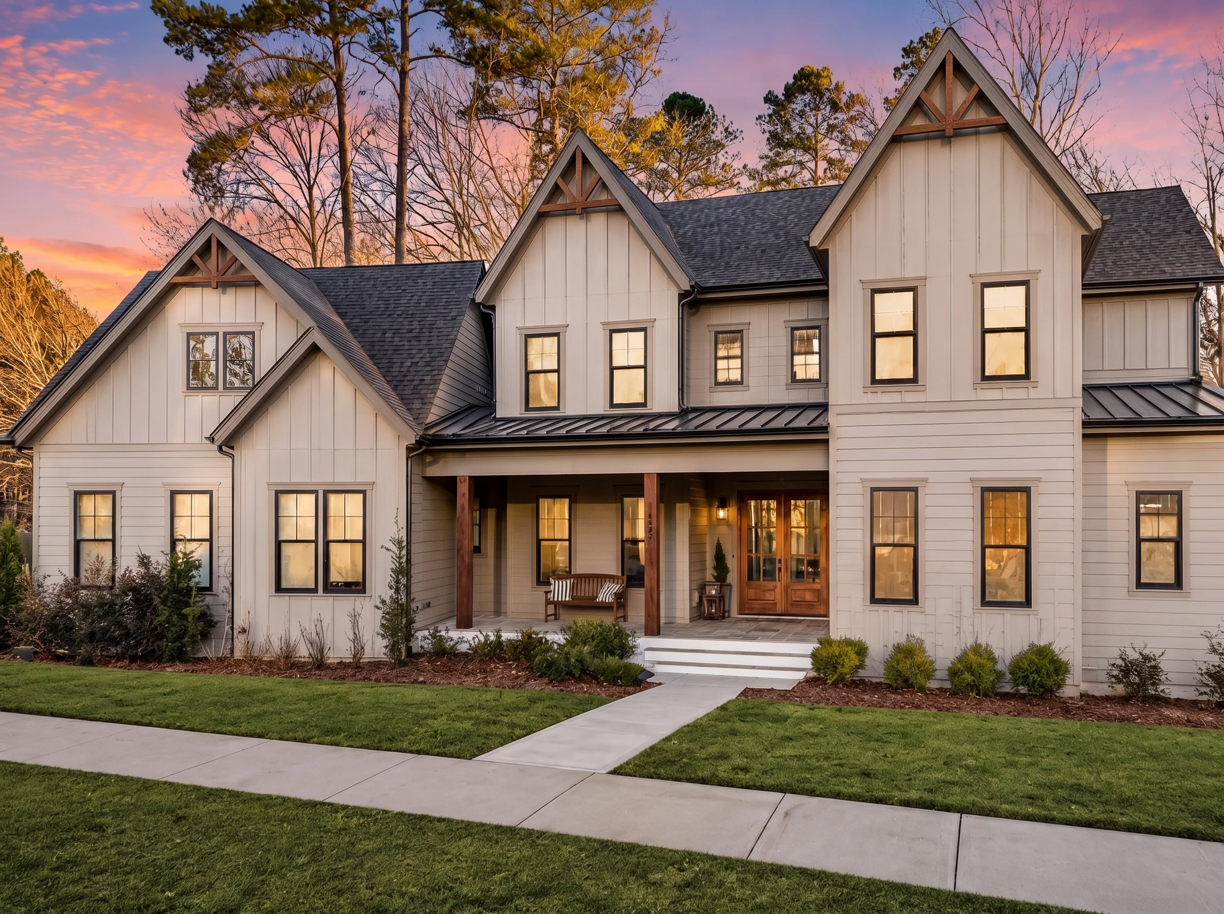 22-1438 HOUSE PLAN – Modern Farmhouse Home Plan – 4-Bed, 5-Bath, 4,664 SF - Warm Natural, AI-generated exterior concept