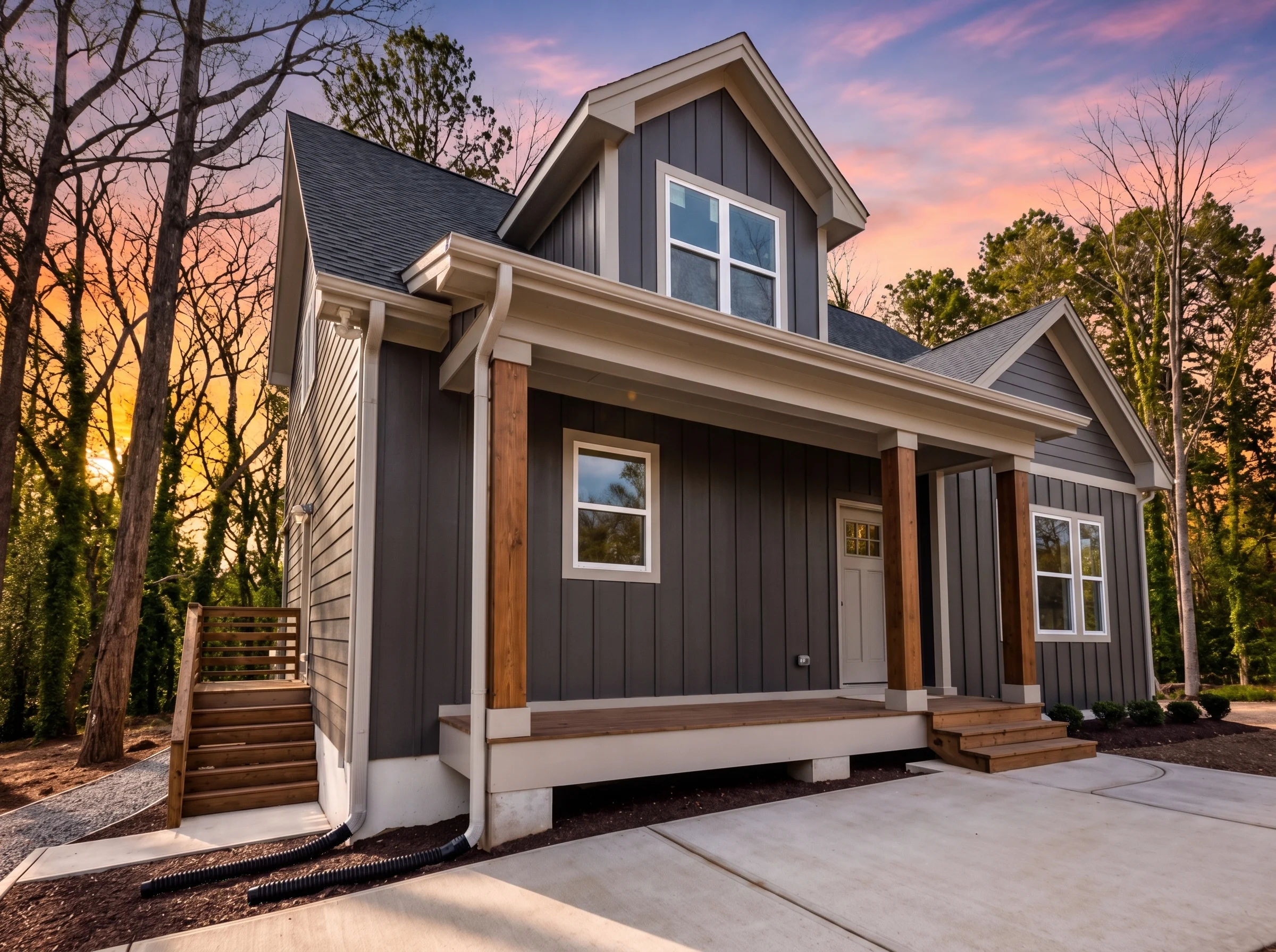 21-2312 HOUSE PLAN – Cottage Farmhouse Home Plan – 4-Bed, 3.5-Bath, 1,945 SF - Modern Dark, AI-generated exterior concept