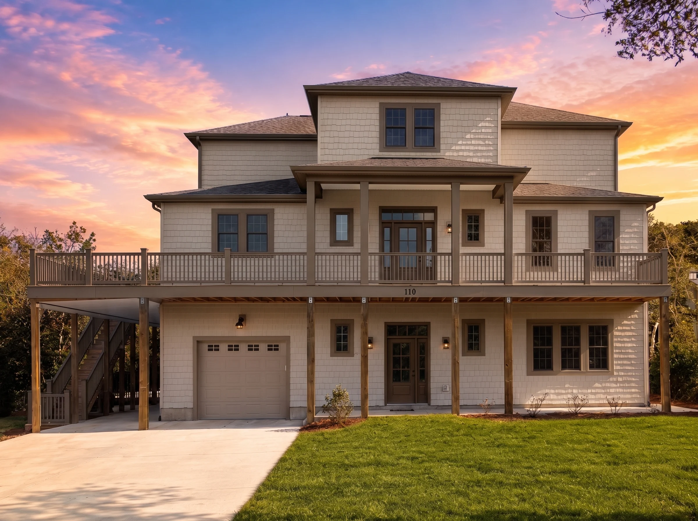 21-2428 HOUSE PLAN – Coastal Home Plan – 5-Bed, 4.5-Bath, 4,990 SF - Warm Natural, AI-generated exterior concept