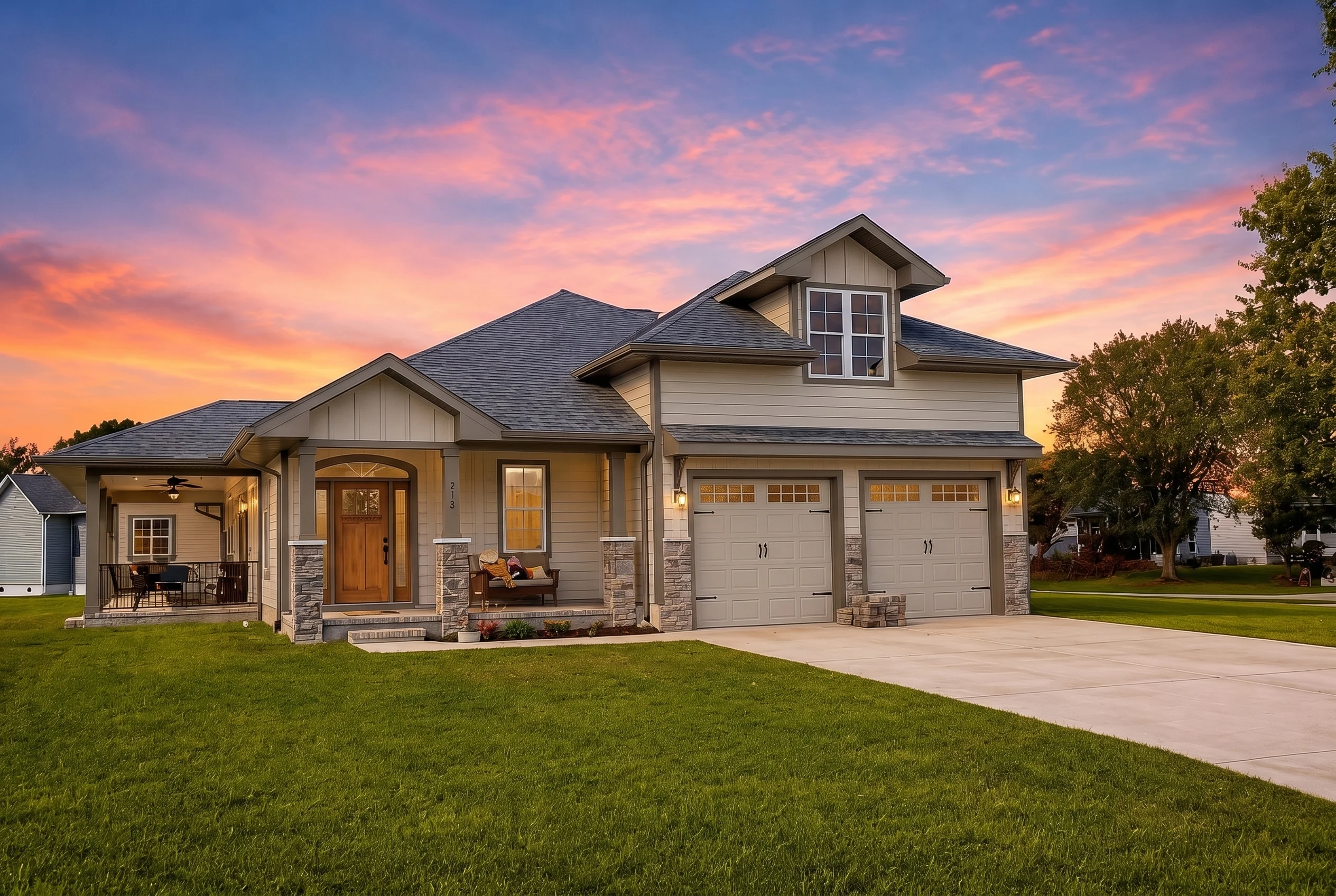 21-3393 HOUSE PLAN – Modern Farmhouse Home Plan – 3-Bed, 3-Bath, 3,460 SF - Warm Natural, AI-generated exterior concept