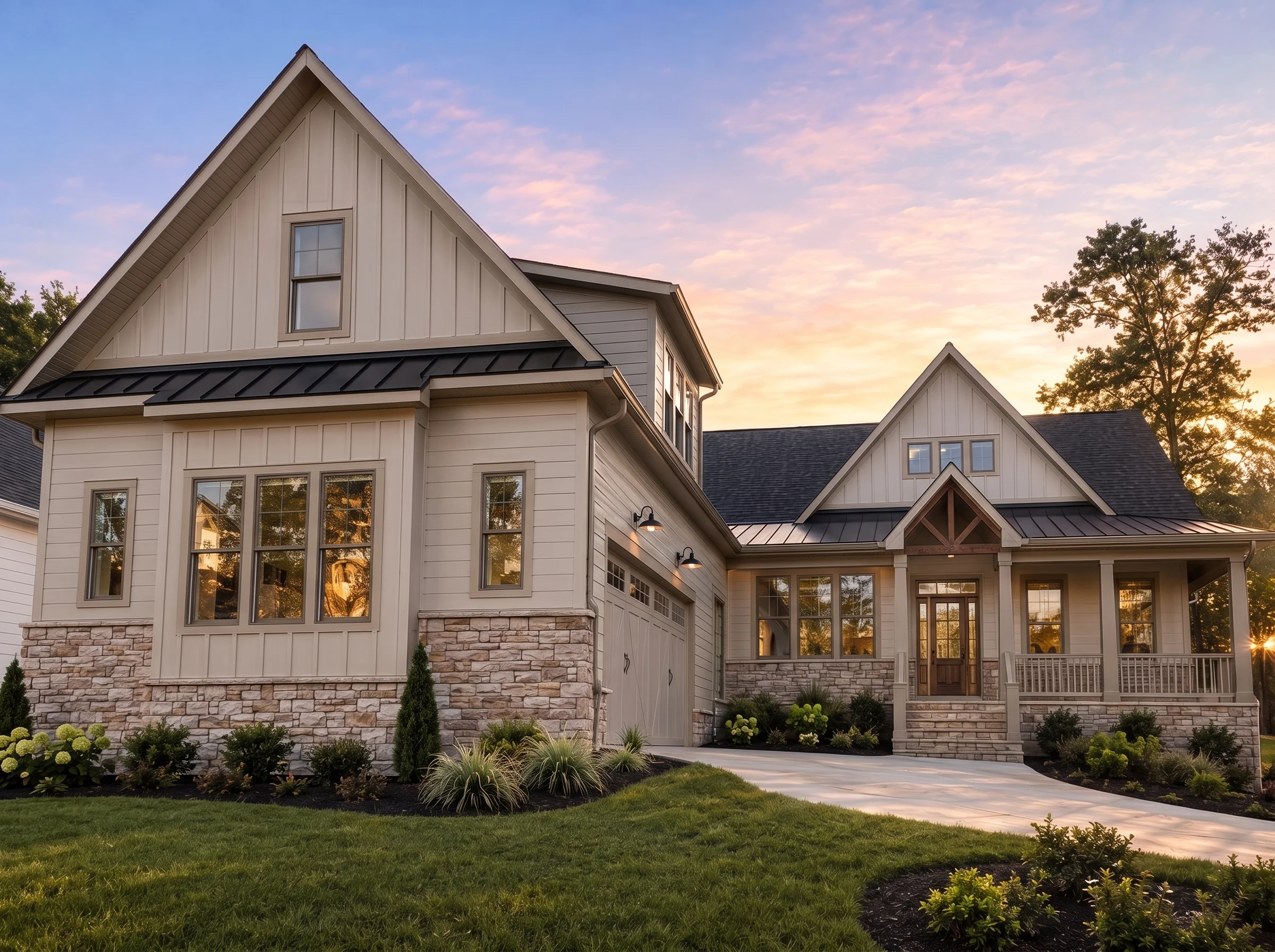 21-3357 HOUSE PLAN – Modern Farmhouse Home Plan – 4-Bed, 3-Bath, 3,507 SF - Warm Natural, AI-generated exterior concept