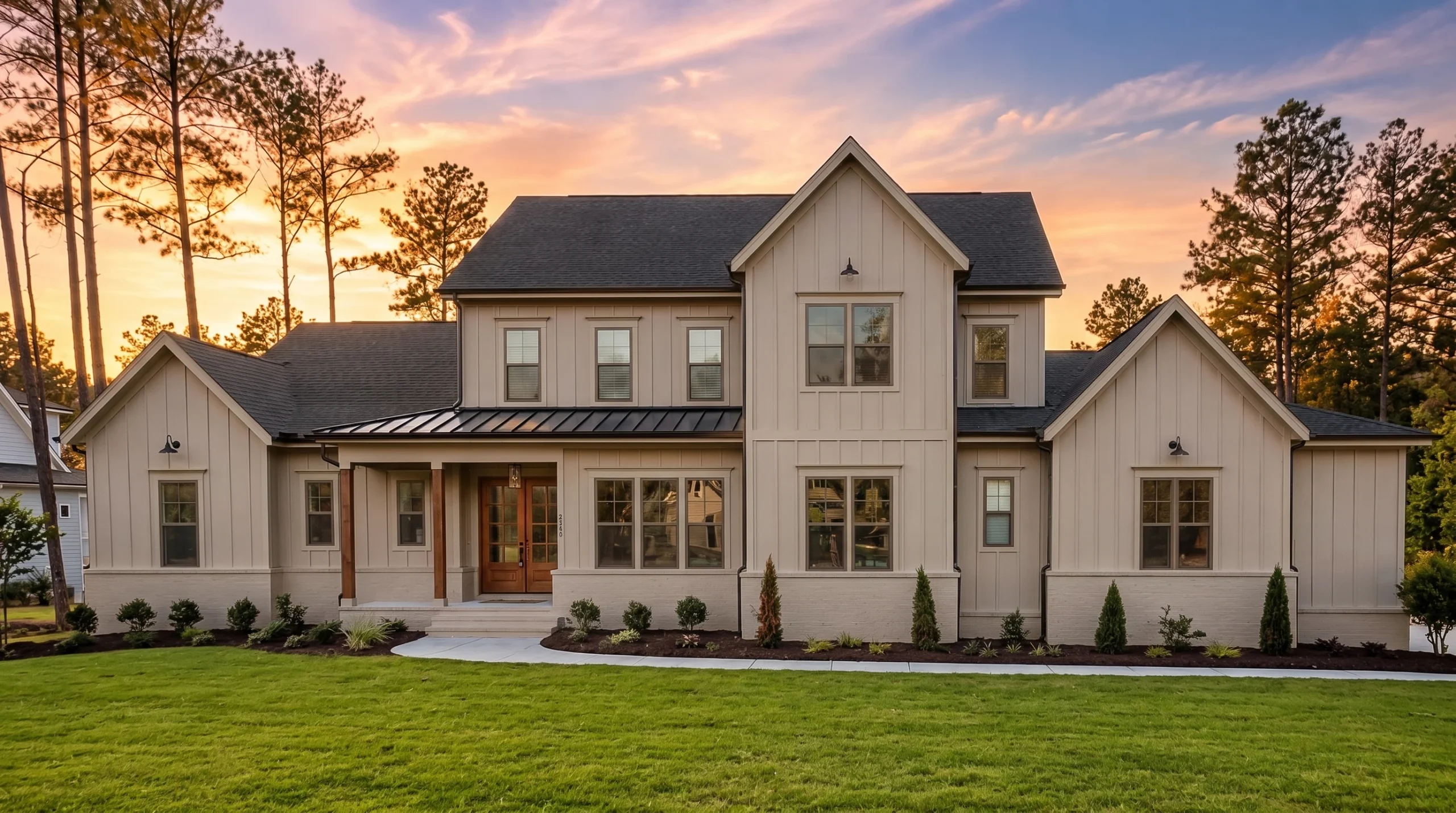 21-2467 HOUSE PLAN – Modern Farmhouse Home Plan – 5-Bed, 5-Bath, 4,200 SF - Warm Natural, AI-generated exterior concept