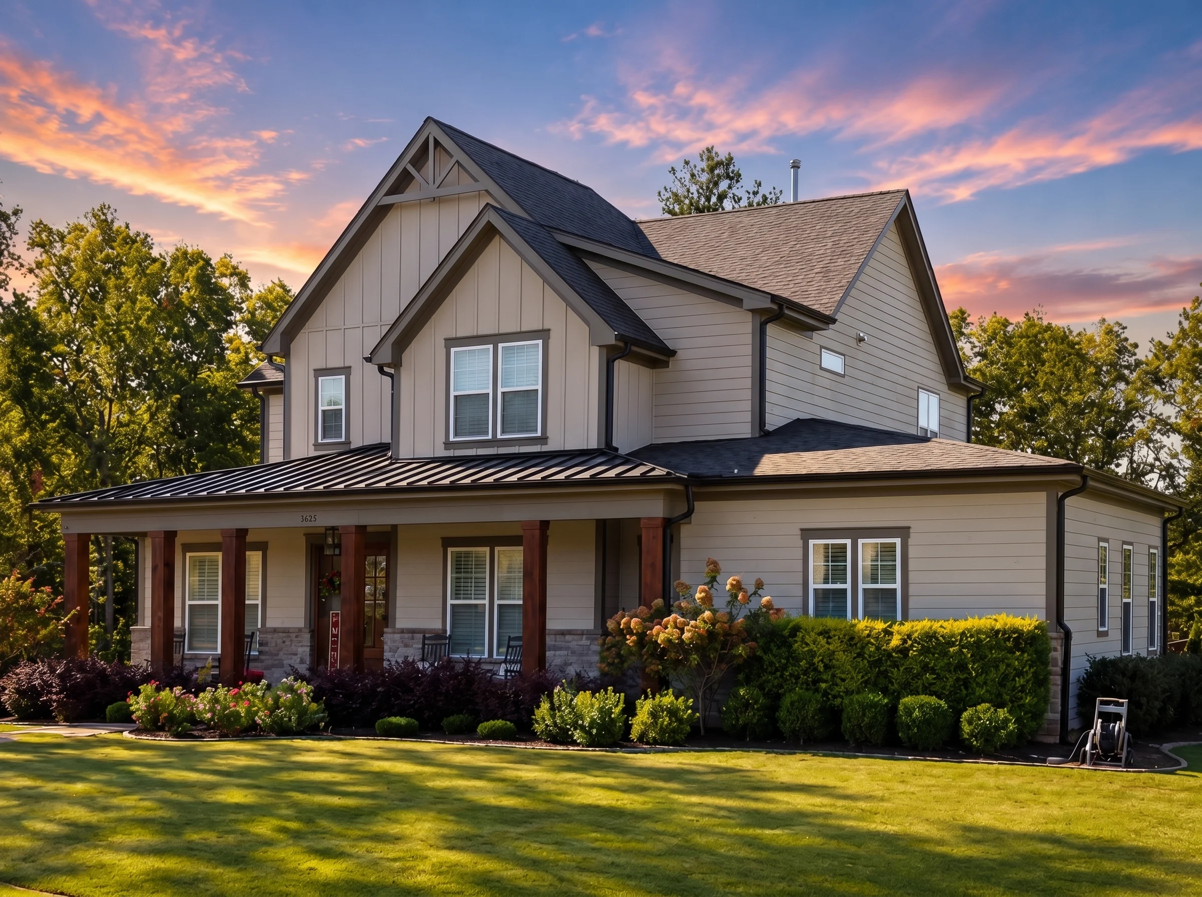 21-2536 HOUSE PLAN – Modern Farmhouse Home Plan – 5-Bed, 6-Bath, 4,035 SF - Warm Natural, AI-generated exterior concept