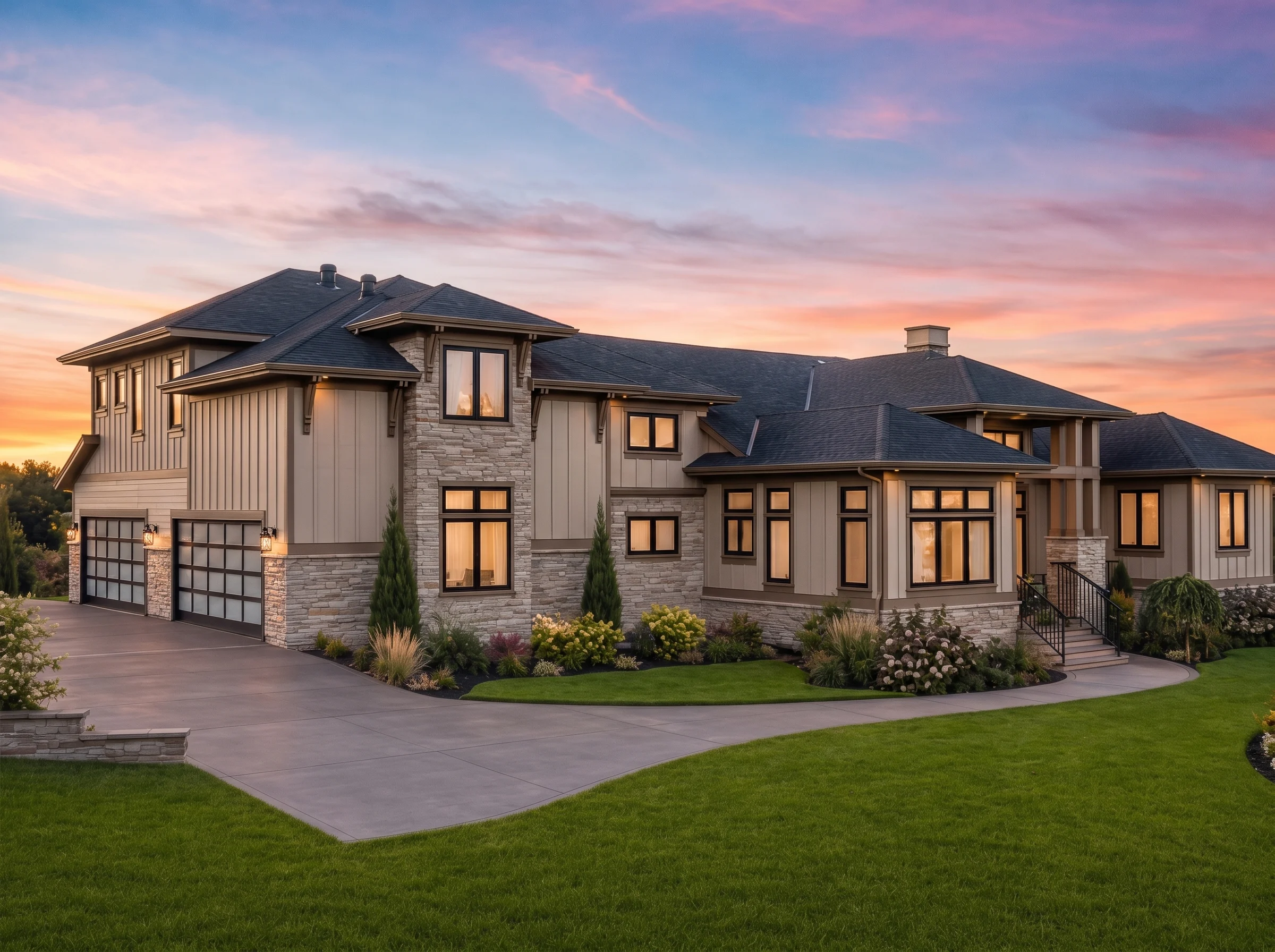21-2584 HOUSE PLAN – Modern Suburban Home Plan – 5-Bed, 6.5-Bath, 5,000 SF - Warm Natural, AI-generated exterior concept