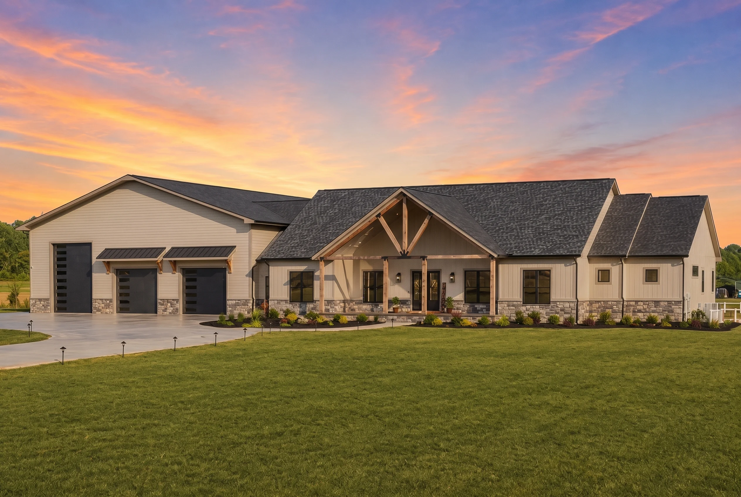 21-3437 HOUSE PLAN – Modern Farmhouse Home Plan – 3-Bed, 4-Bath, 4,038 SF - Warm Natural, AI-generated exterior concept