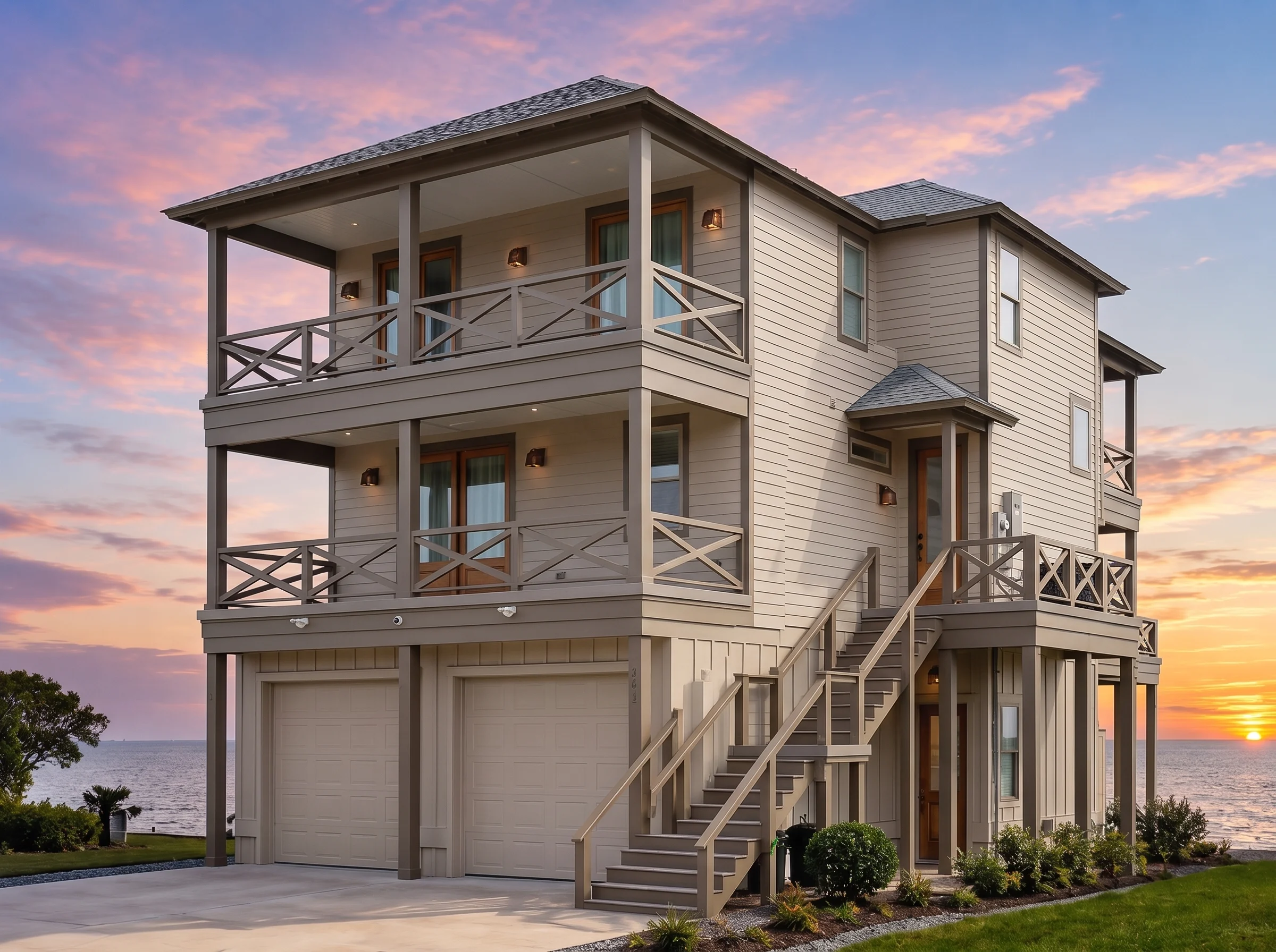 21-3053 HOUSE PLAN – Coastal Home Plan – 4-Bed, 4-Bath, 2,342 SF - Warm Natural, AI-generated exterior concept
