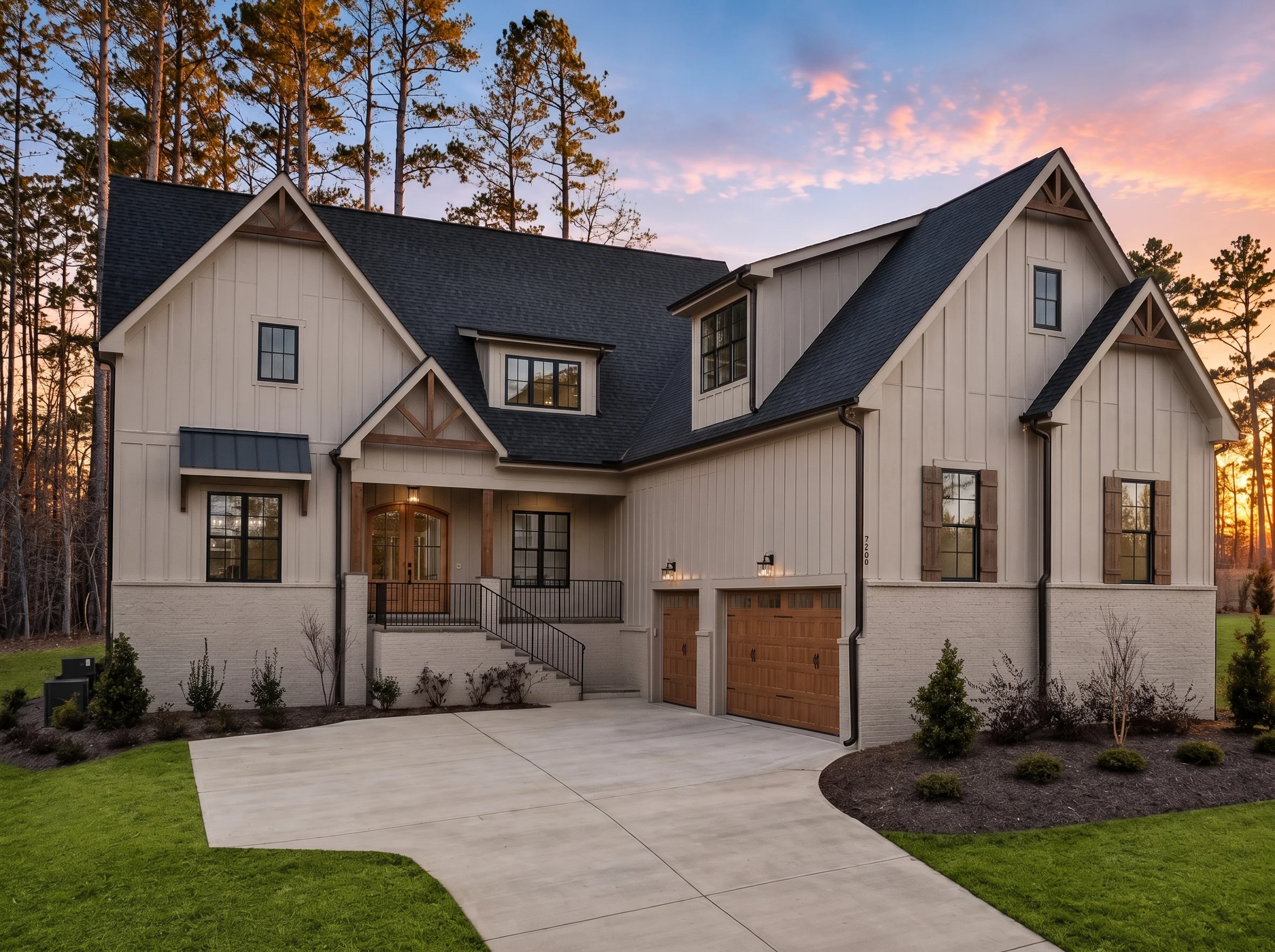 21-3145 HOUSE PLAN – Modern Farmhouse Home Plan – 4-Bed, 3.5-Bath, 4,579 SF - Warm Natural, AI-generated exterior concept