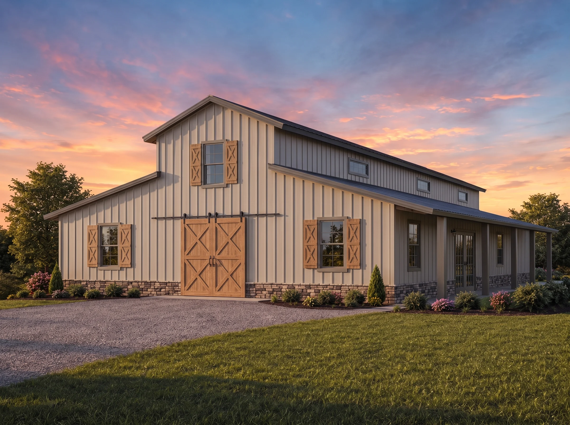 21-2273 HOUSE PLAN – Barndominium Home Plan – 3-Bed, 3-Bath, 2,006 SF - Warm Natural, AI-generated exterior concept