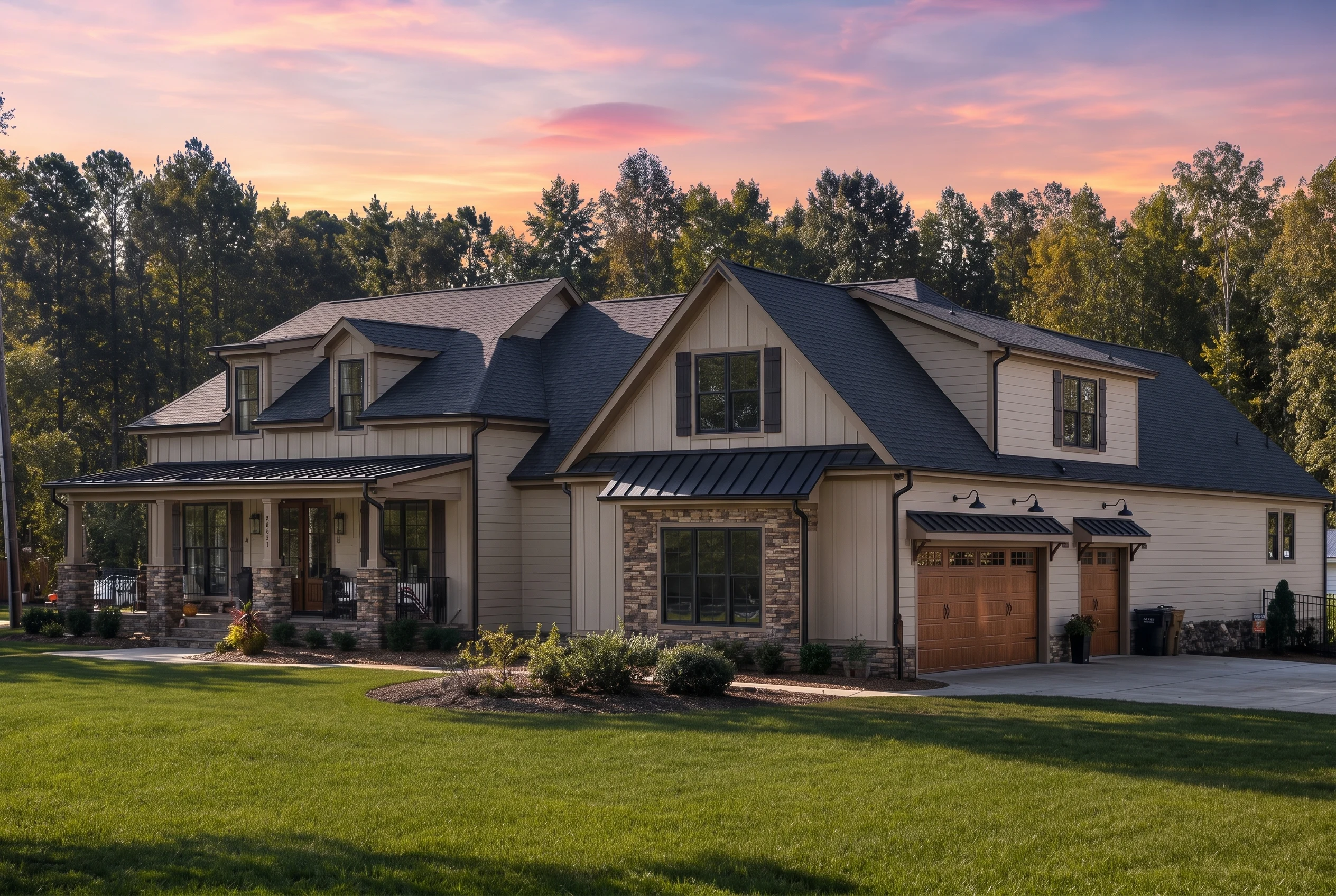 21-3120 HOUSE PLAN – Modern Farmhouse Home Plan – 4-Bed, 4-Bath, 3,412 SF - Warm Natural, AI-generated exterior concept