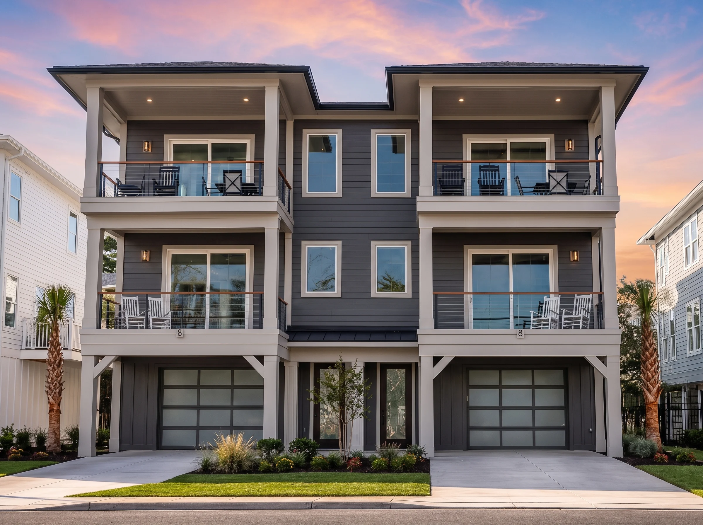 21-3394 HOUSE PLAN – Coastal Duplex Home Plan – 6-Bed, 6-Bath, 3,994 SF - Modern Dark, AI-generated exterior concept