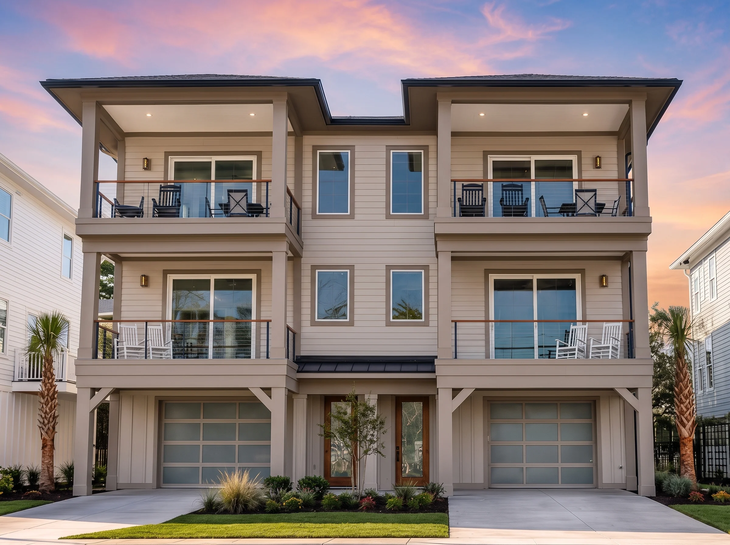21-3394 HOUSE PLAN – Coastal Duplex Home Plan – 6-Bed, 6-Bath, 3,994 SF - Warm Natural, AI-generated exterior concept