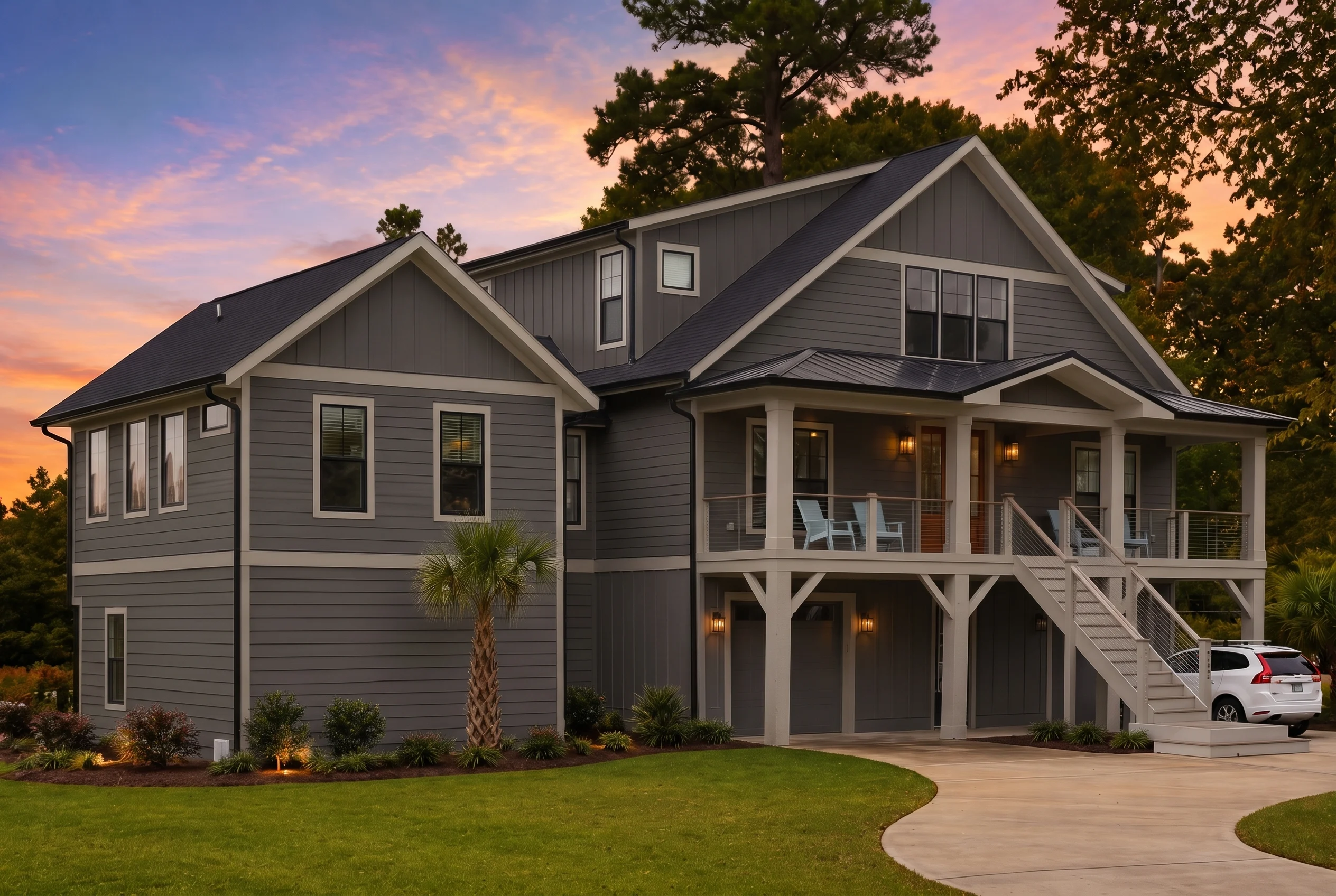 21-2477 HOUSE PLAN – Coastal Farmhouse Home Plan – 4-Bed, 3-Bath, 3,664 SF - Modern Dark, AI-generated exterior concept