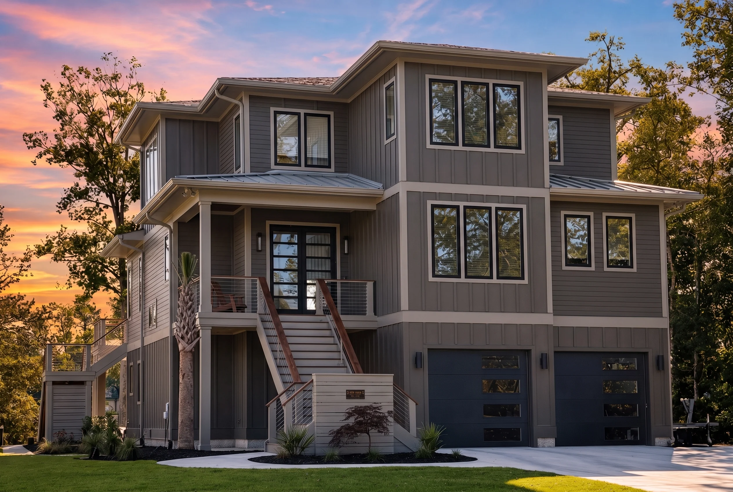 21-2949 HOUSE PLAN – Coastal Farmhouse Home Plan – 4-Bed, 5-Bath, 3,656 SF - Modern Dark, AI-generated exterior concept