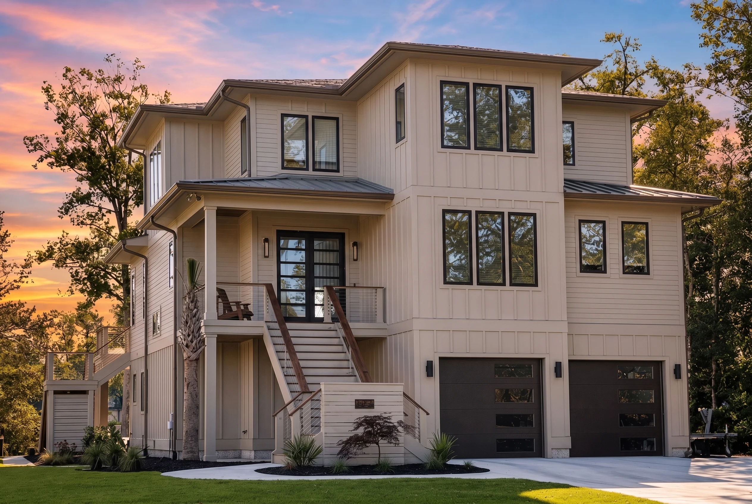 21-2949 HOUSE PLAN – Coastal Farmhouse Home Plan – 4-Bed, 5-Bath, 3,656 SF - Warm Natural, AI-generated exterior concept