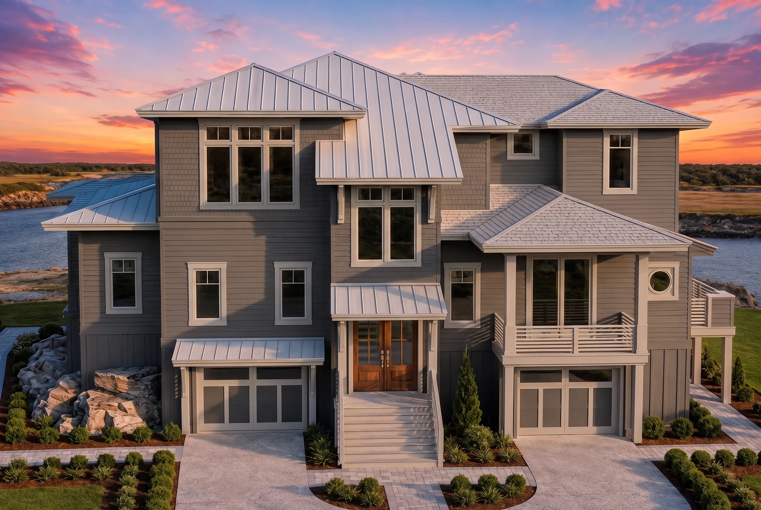 21-2998 HOUSE PLAN – Coastal Luxury Home Plan – 4-Bed, 3.5-Bath, 4,116 SF - Modern Dark, AI-generated exterior concept