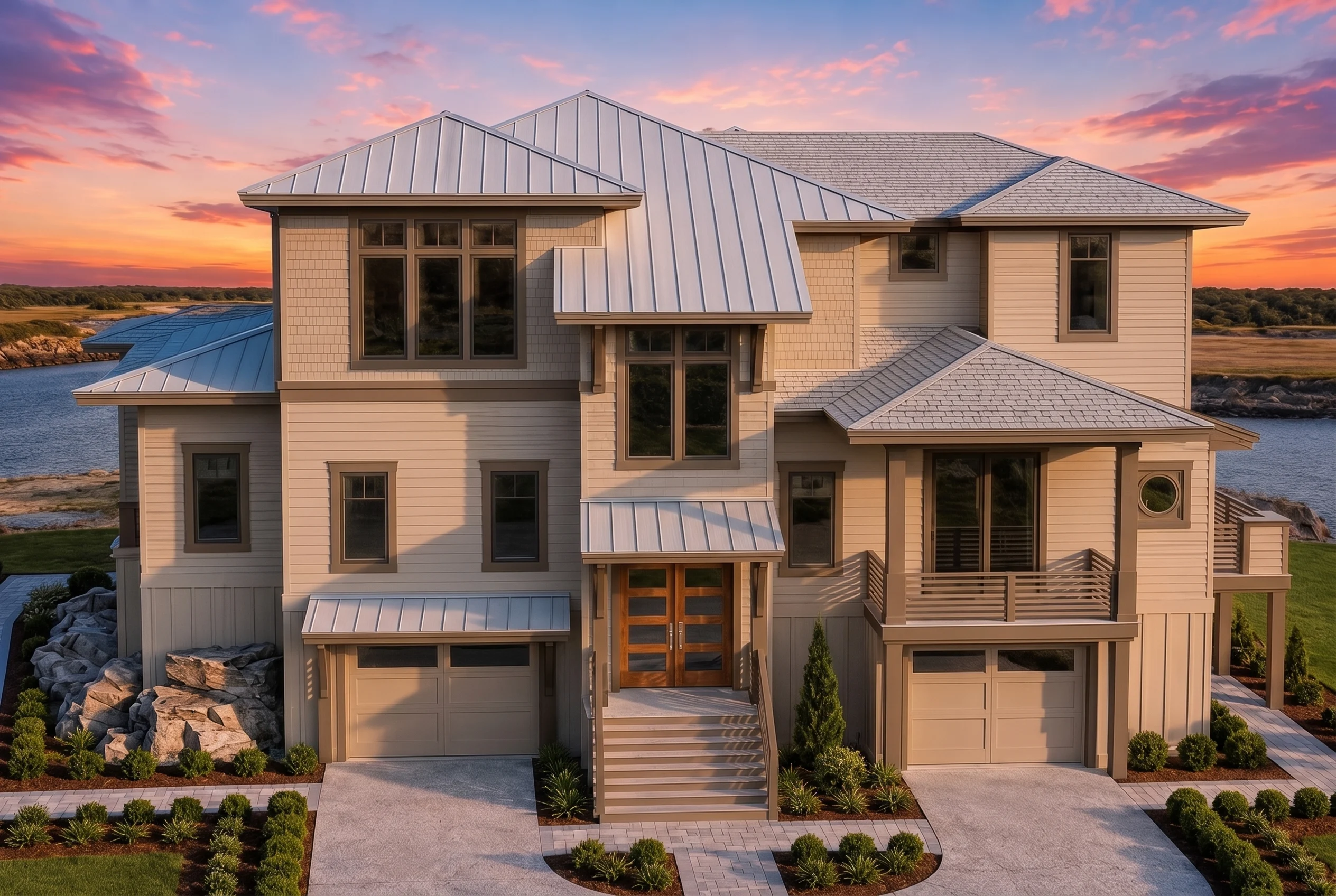 21-2998 HOUSE PLAN – Coastal Luxury Home Plan – 4-Bed, 3.5-Bath, 4,116 SF - Warm Natural, AI-generated exterior concept