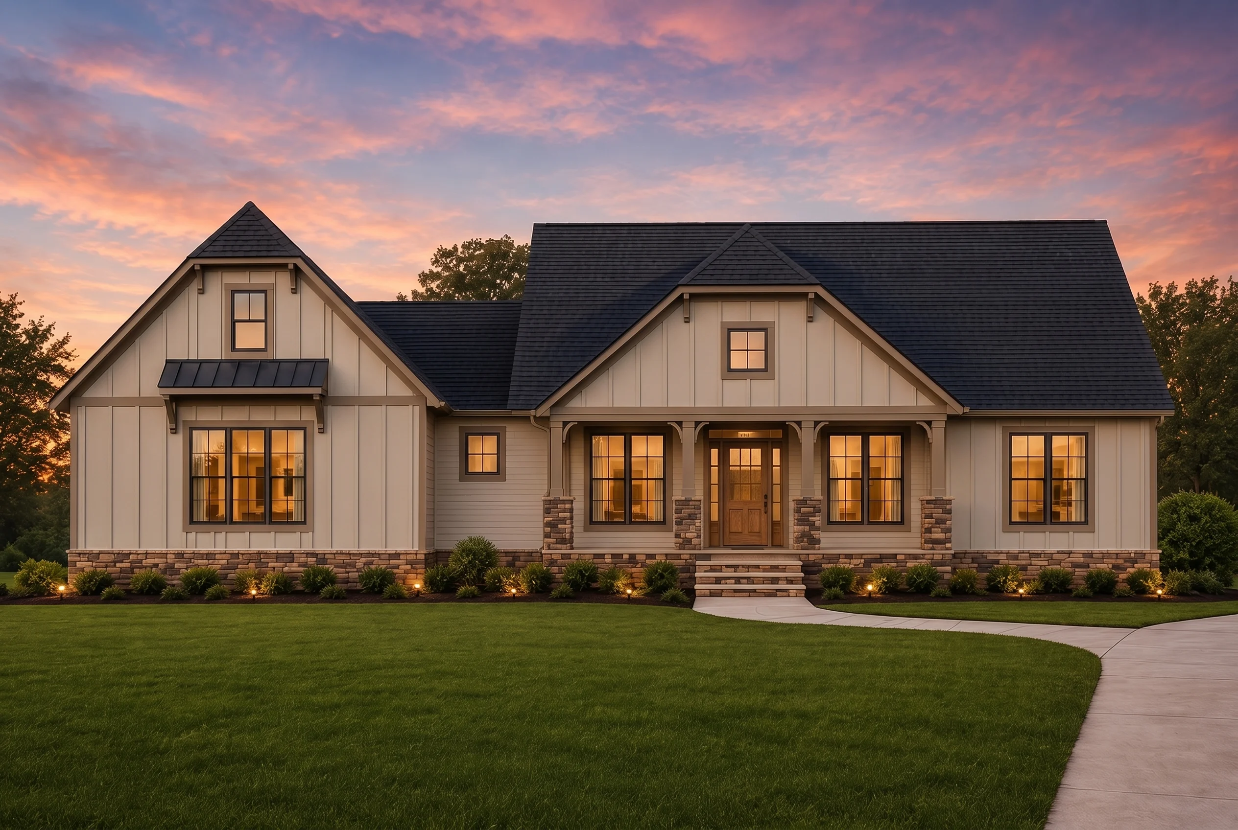 21-2284 HOUSE PLAN – Modern Farmhouse Home Plan – 3-Bed, 2.5-Bath, 1,954 SF - Warm Natural, AI-generated exterior concept