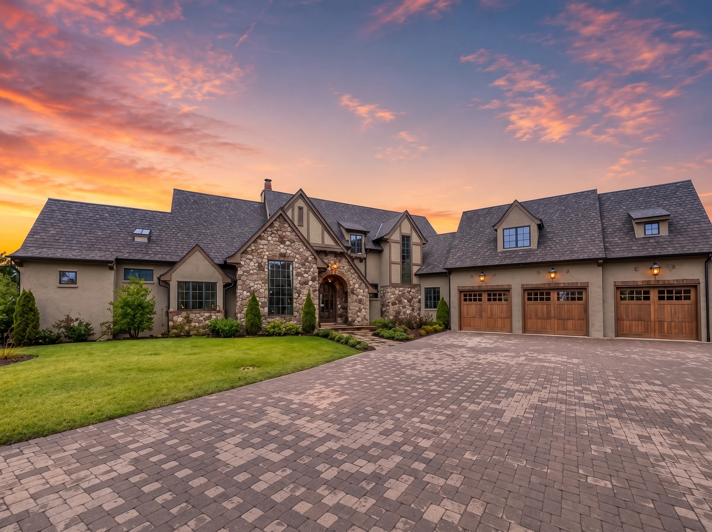 21-2740 HOUSE PLAN – European Home Plan – 4-Bed, 4.5-Bath, 4,692 SF - Warm Natural, AI-generated exterior concept