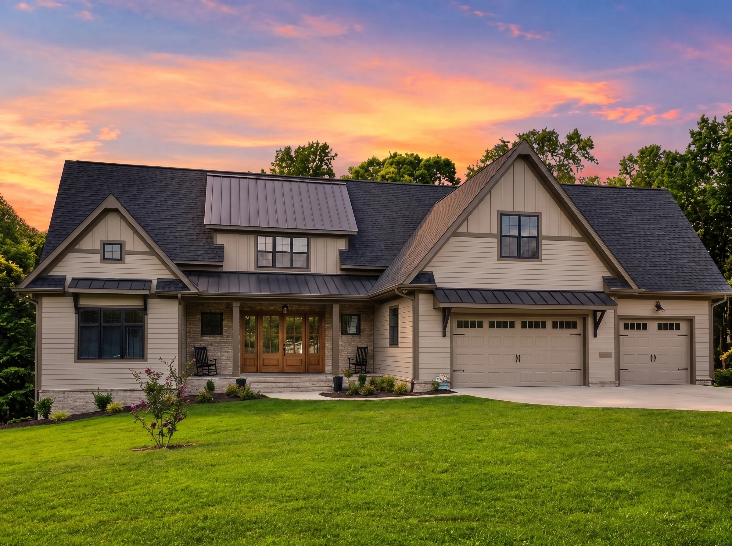21-2757 HOUSE PLAN – Modern Farmhouse Home Plan – 4-Bed, 4-Bath, 3,319 SF - Warm Natural, AI-generated exterior concept