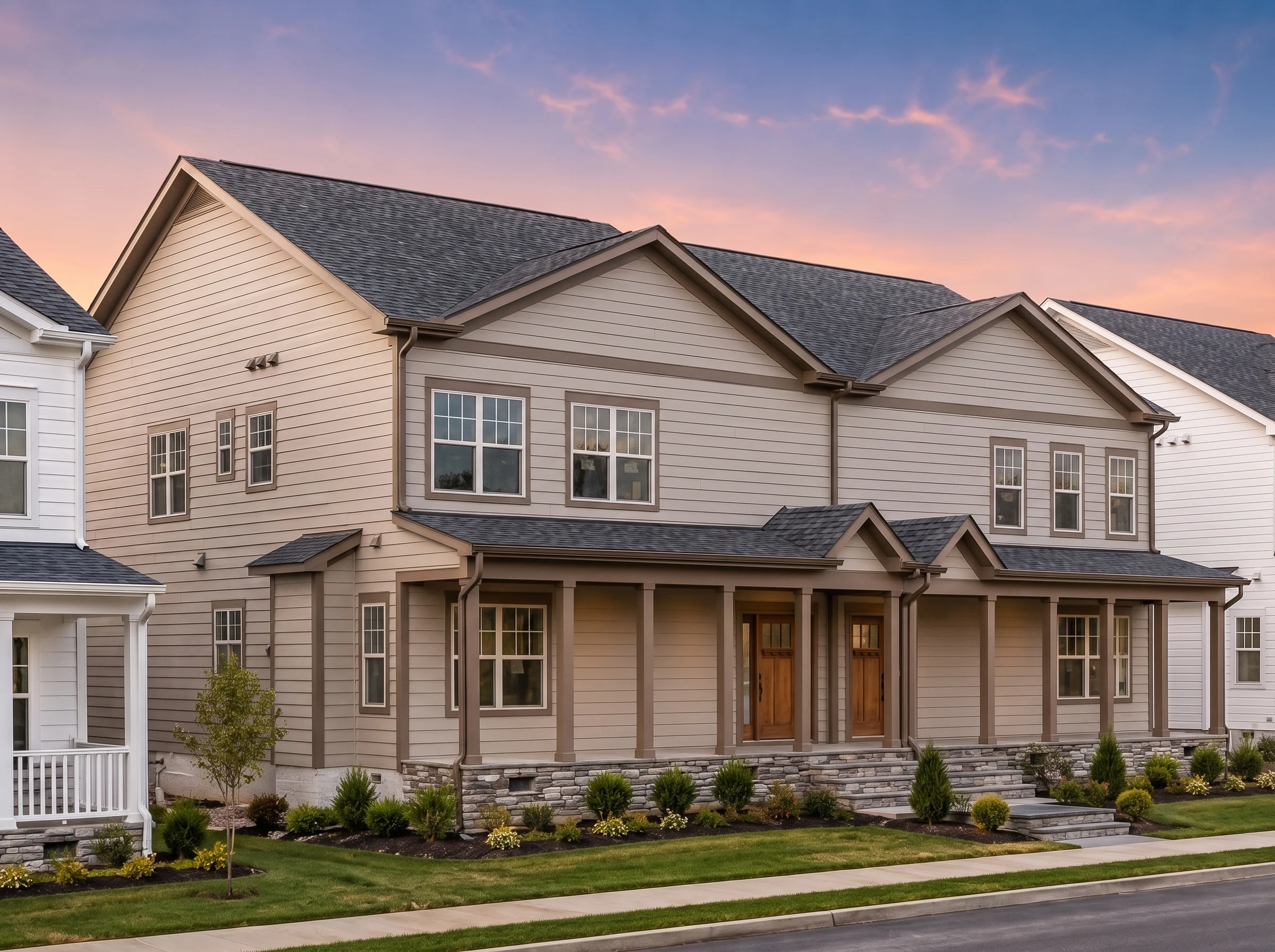 21-2786 HOUSE PLAN – Modern Farmhouse Duplex Plan – 3-Bed, 2.5-Bath, 2,035 SF - Warm Natural, AI-generated exterior concept