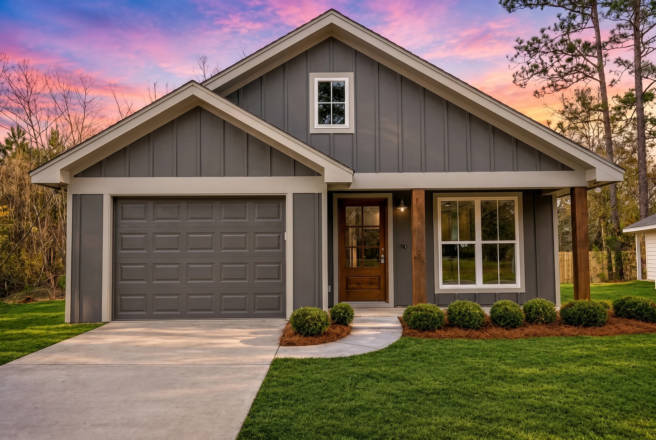 21-2238 HOUSE PLAN – Cottage Home Plan – 2-Bed, 2-Bath, 1,292 SF - Modern Dark, AI-generated exterior concept