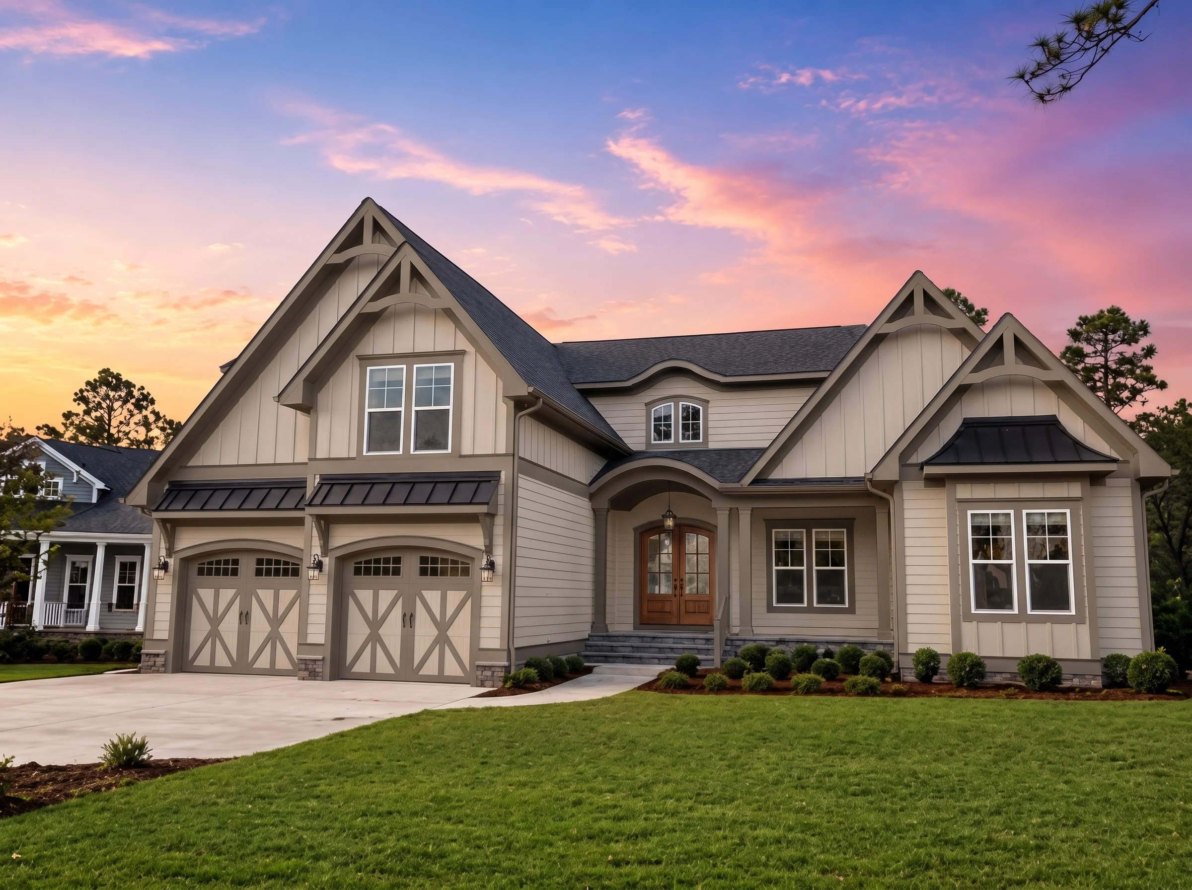 21-2778 HOUSE PLAN – Modern Farmhouse Home Plan – 3-Bed, 4-Bath, 3,371 SF - Warm Natural, AI-generated exterior concept