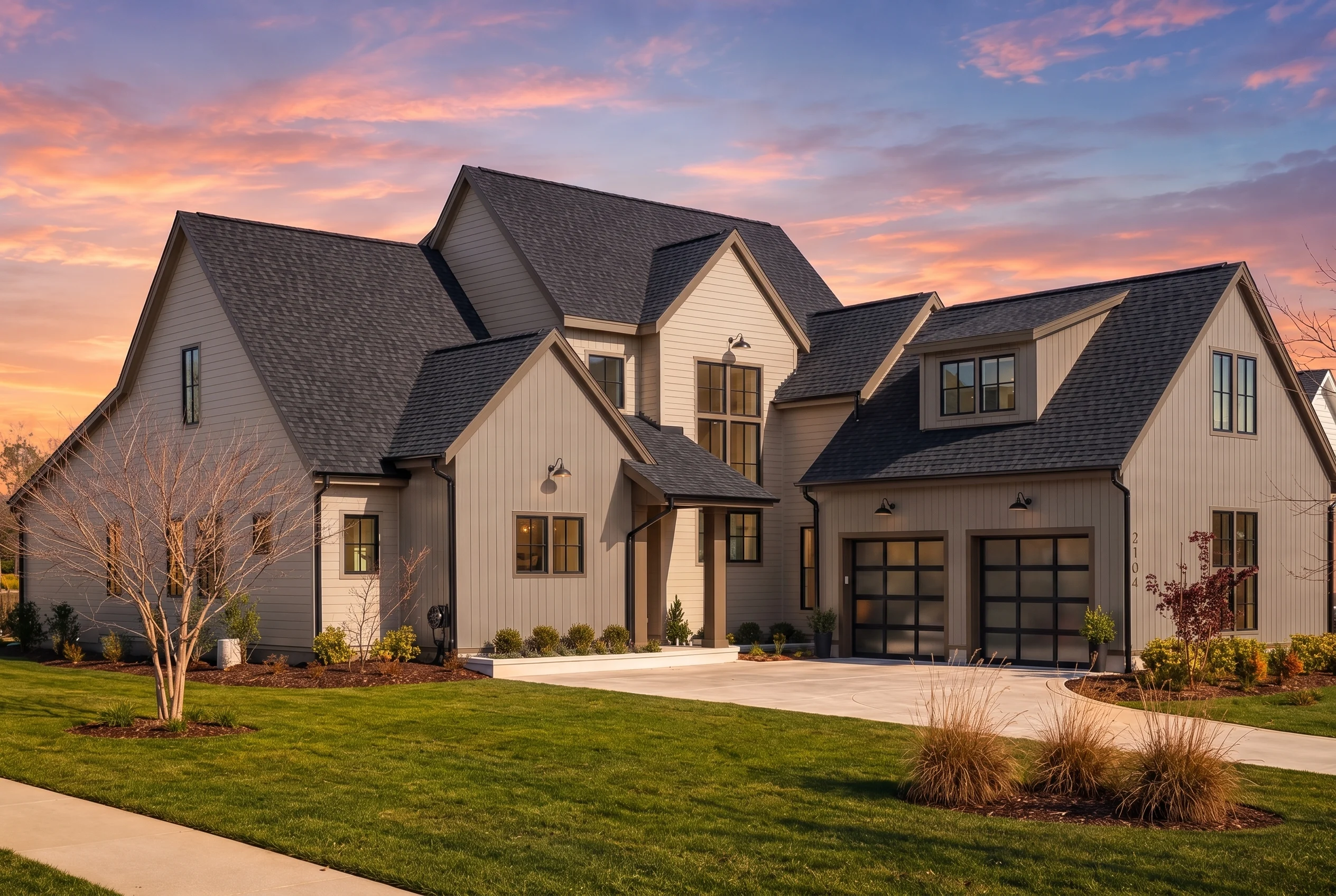 21-2506 HOUSE PLAN – Modern Farmhouse Home Plan – 3-Bed, 3.5-Bath, 3,625 SF - Mushroom Taupe, AI-generated exterior concept