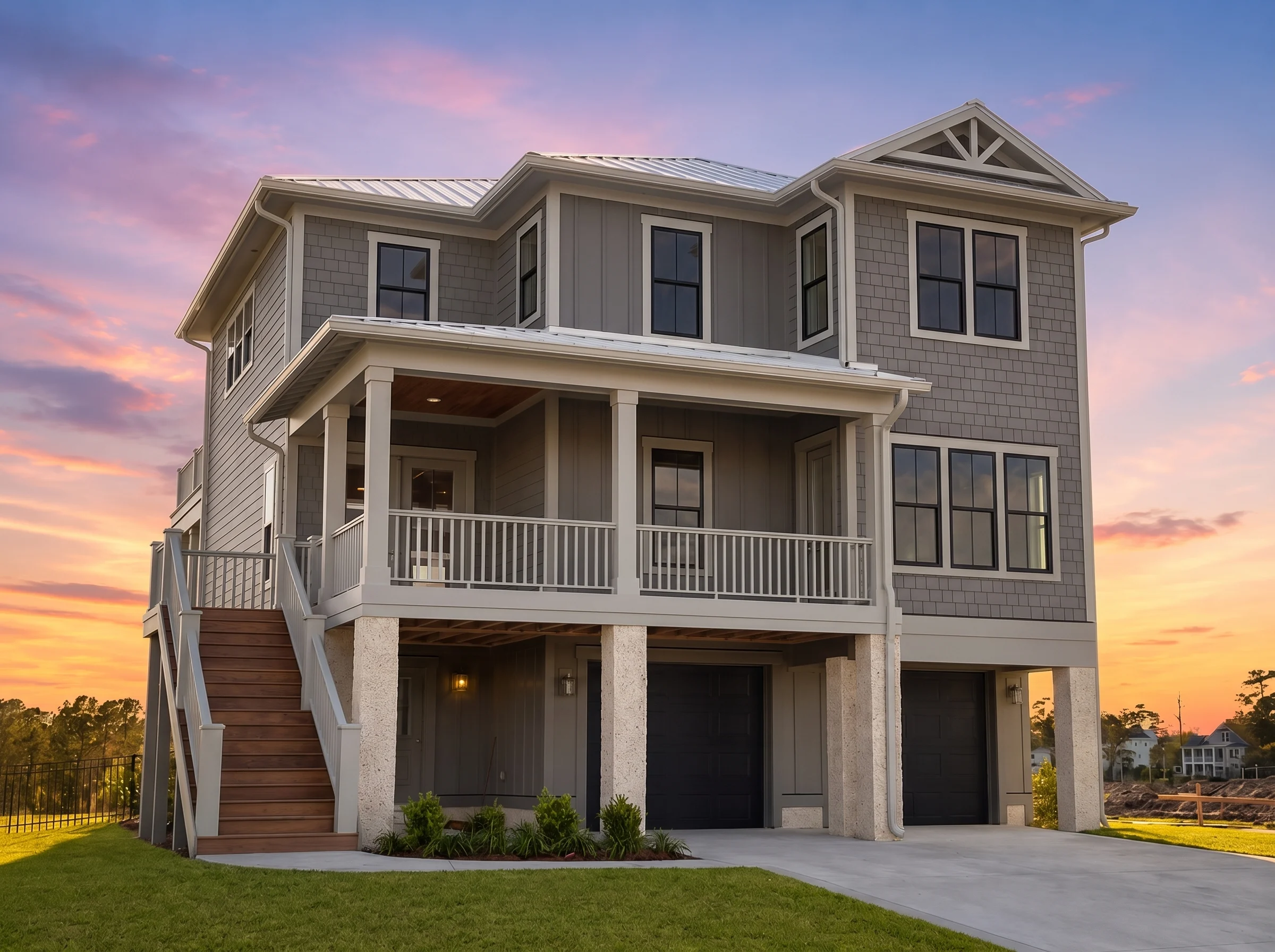 21-3406 HOUSE PLAN – Coastal Home Plan – 4-Bed, 4.5-Bath, 3,659 SF - Warm Charcoal, AI-generated exterior concept