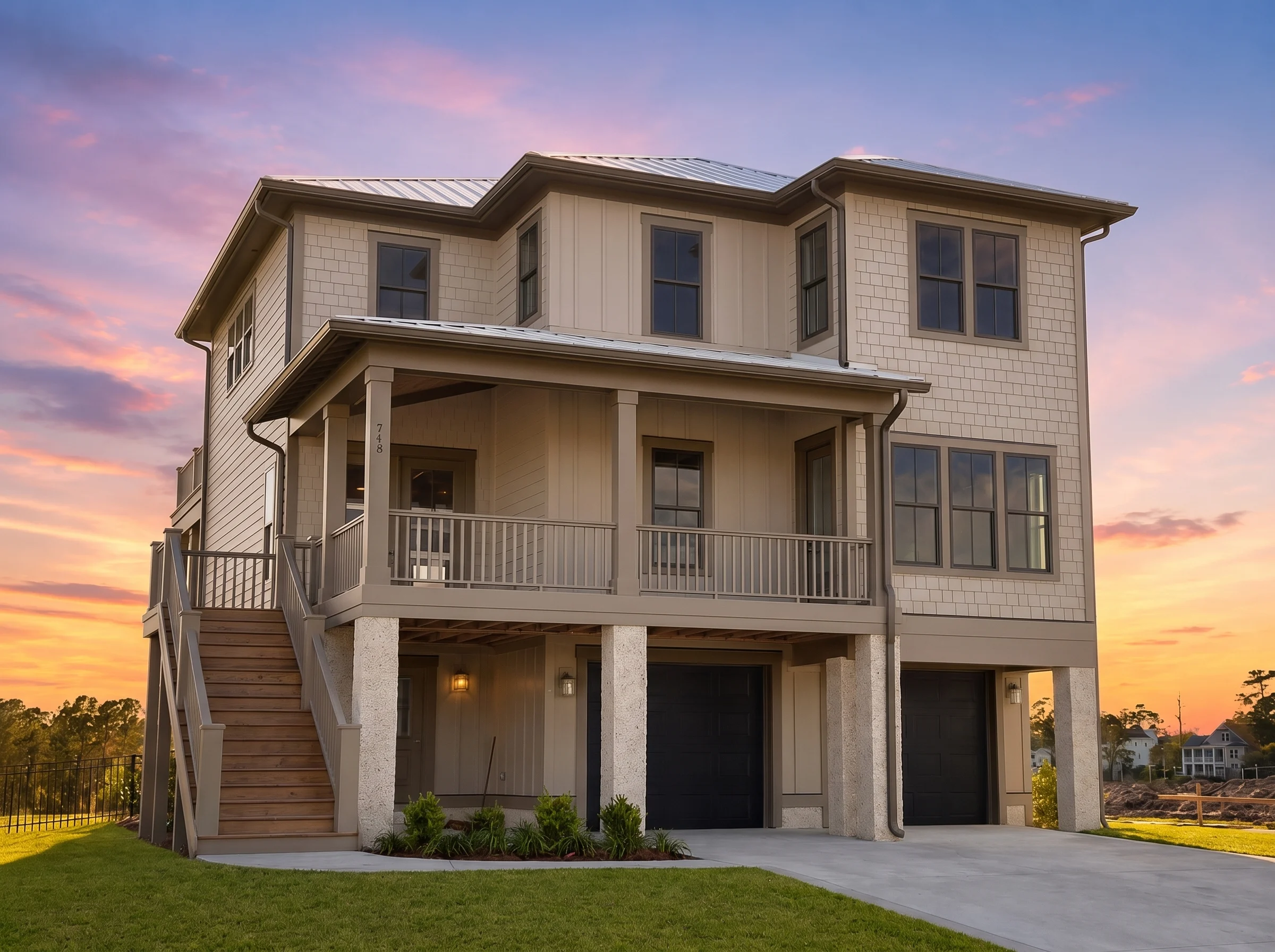 21-3406 HOUSE PLAN – Coastal Home Plan – 4-Bed, 4.5-Bath, 3,659 SF - Mushroom Taupe, AI-generated exterior concept