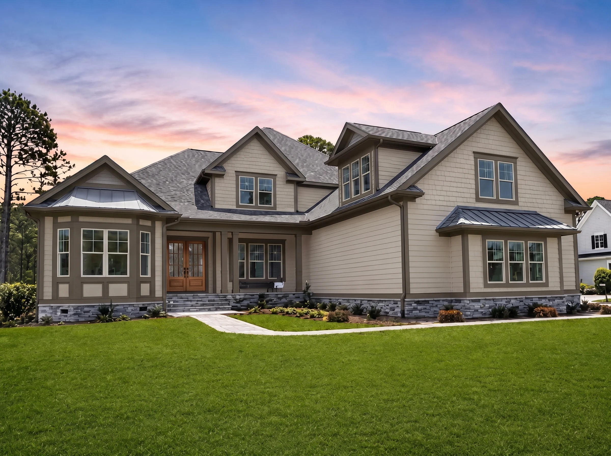 21-2609 HOUSE PLAN –  Modern Farmhouse Home Plan – 5-Bed, 4.5-Bath, 4,196 SF - Mushroom Taupe, AI-generated exterior concept