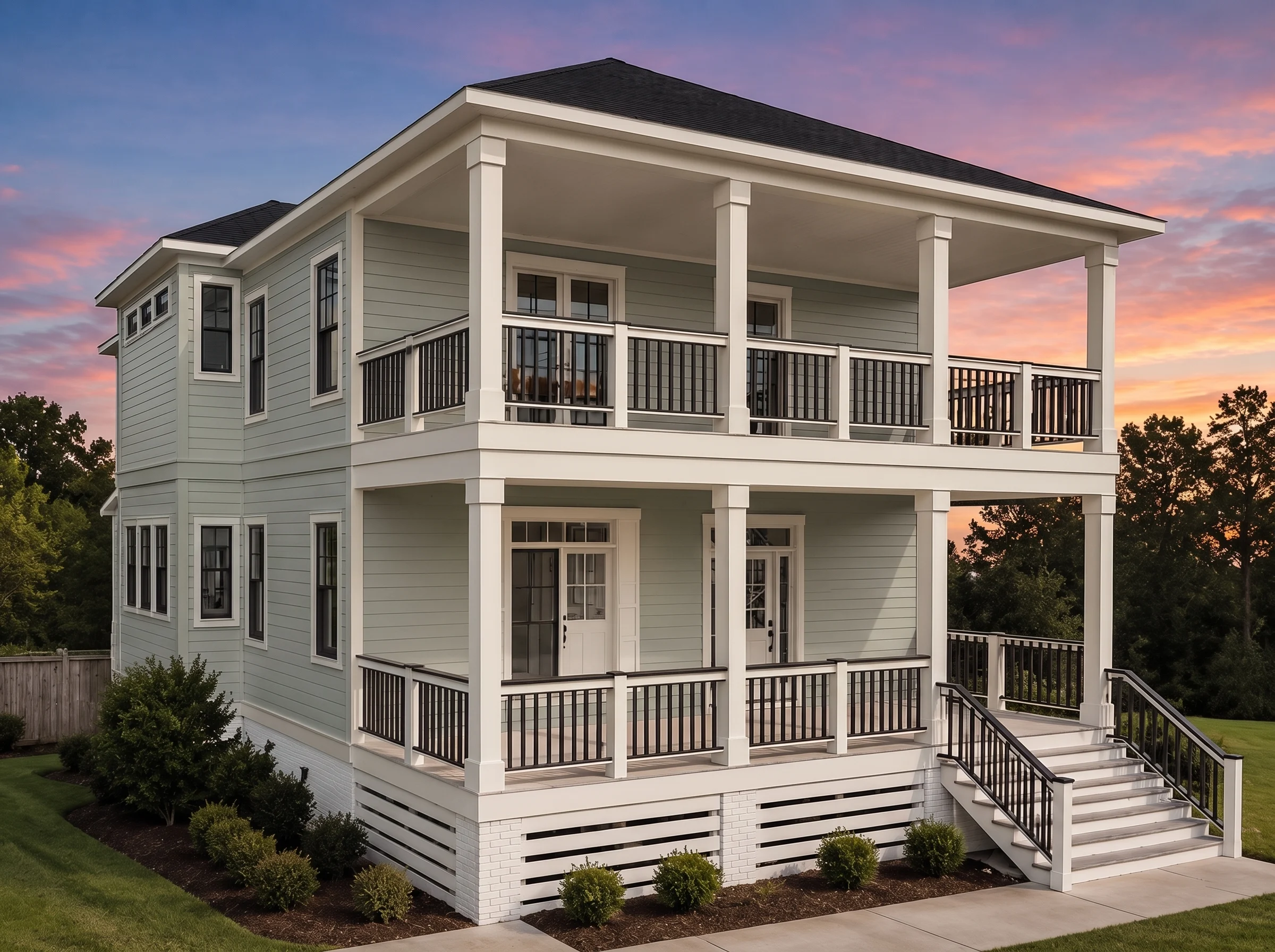 21-2465 HOUSE PLAN – Charleston Home Plan – 3-Bed, 3-Bath, 2,472 SF - Muted Sage, AI-generated exterior concept