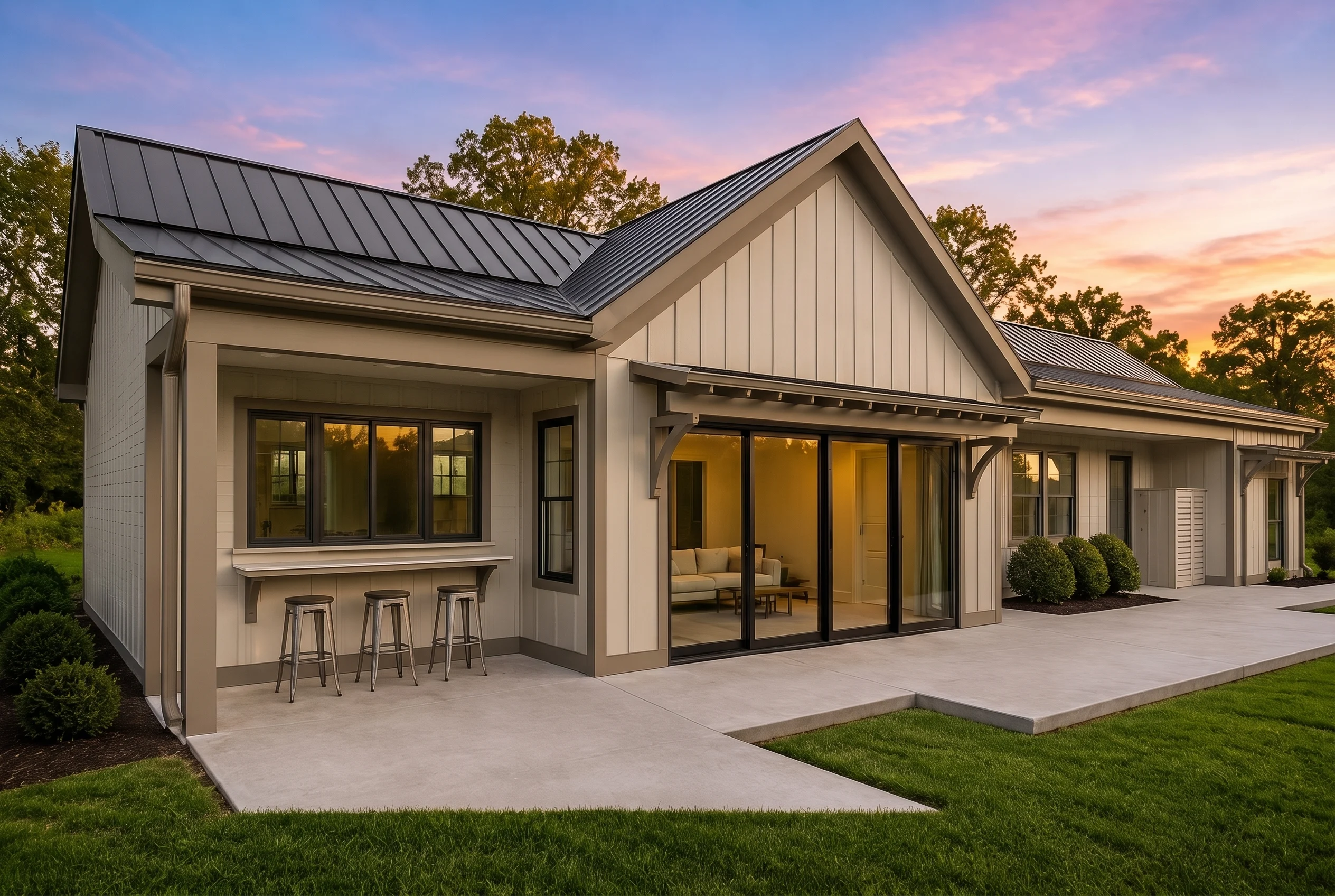 21-2855 HOUSE PLAN – ADU/Poolhouse Home Plan – 1-Bed, 1-Bath, 982 SF - Mushroom Taupe, AI-generated exterior concept