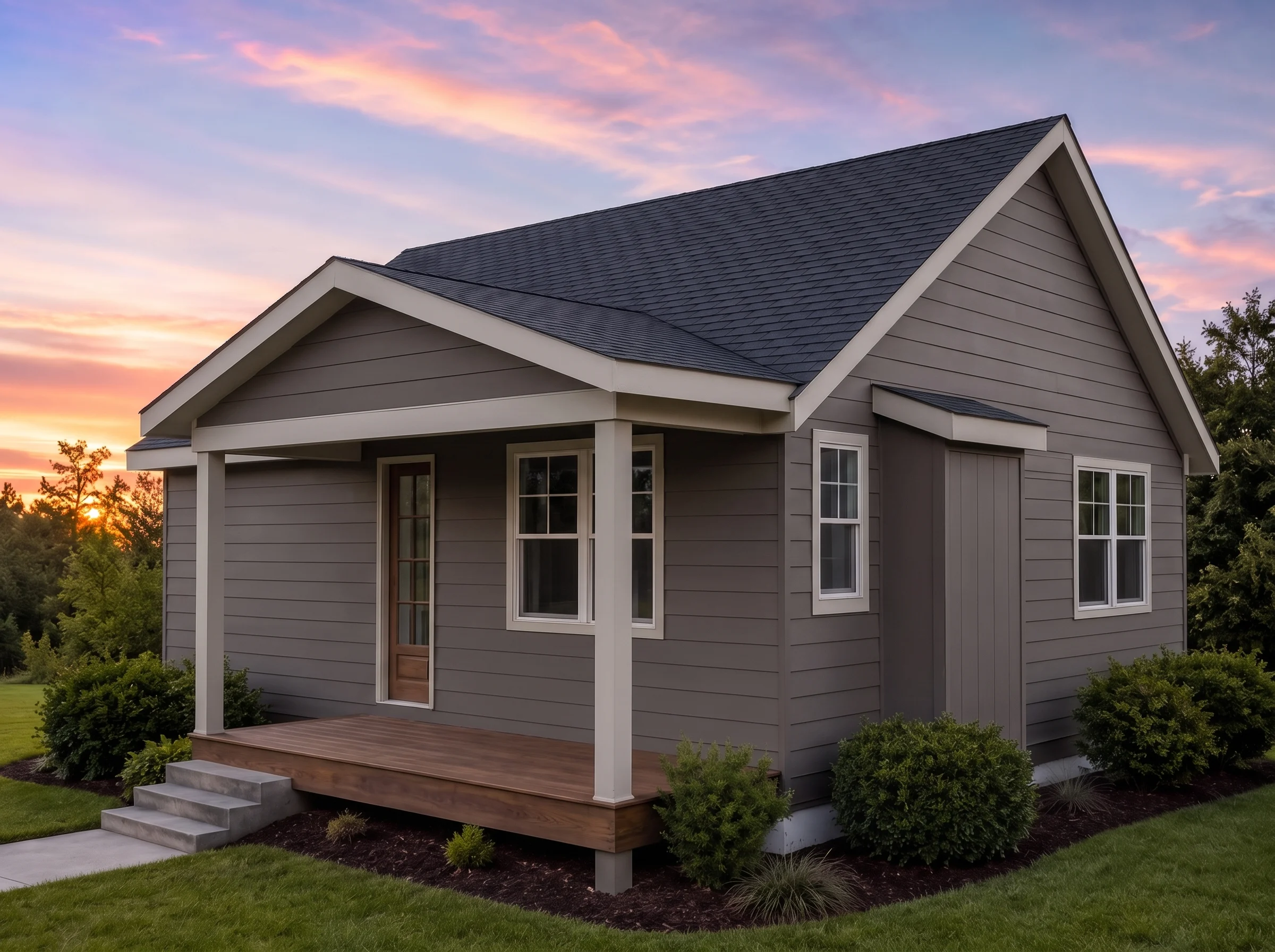 21-2225 HOUSE PLAN – Cabin Home Plan – 2-Bed, 1-Bath, 750SF - Warm Charcoal, AI-generated exterior concept