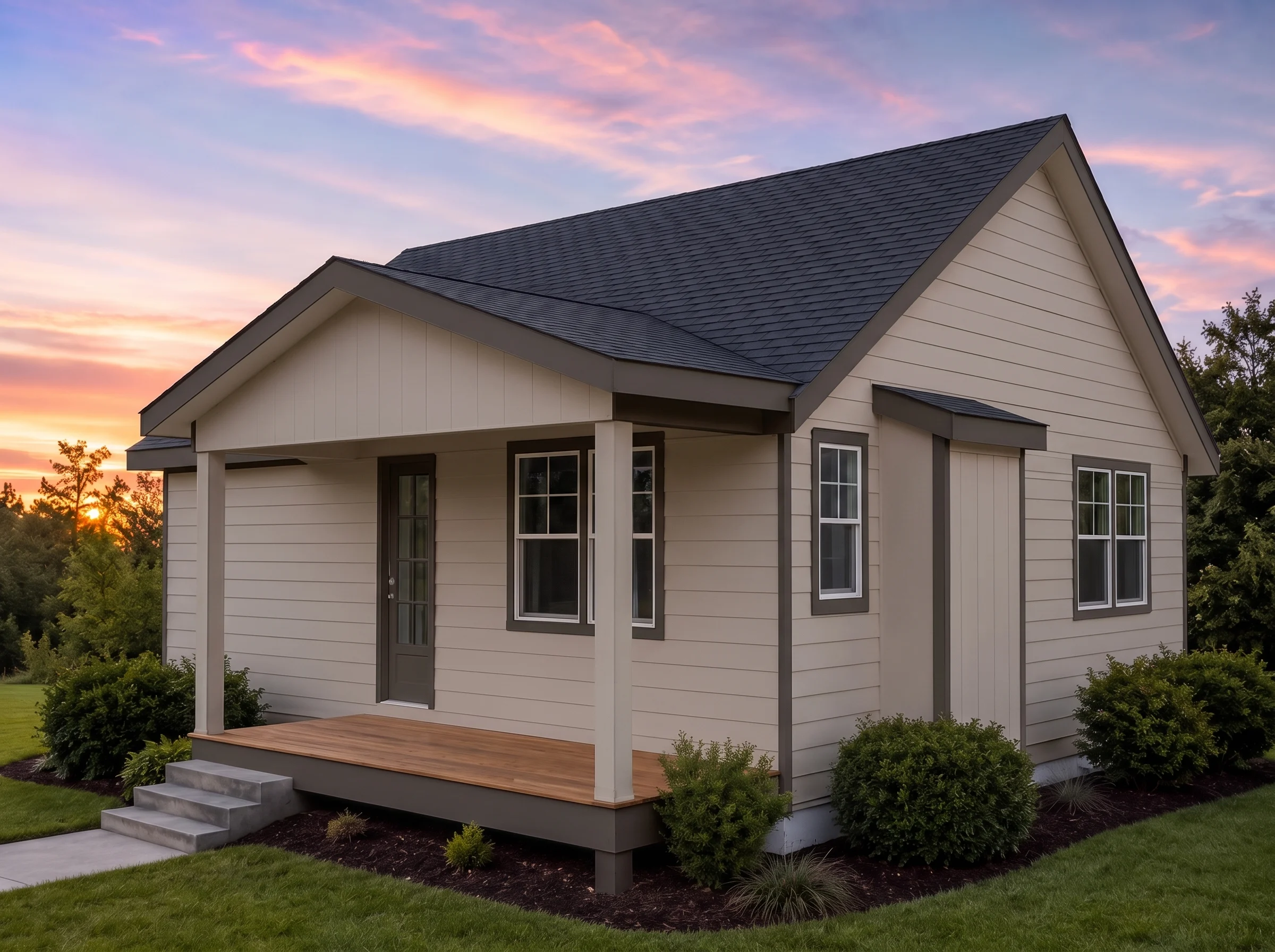 21-2225 HOUSE PLAN – Cabin Home Plan – 2-Bed, 1-Bath, 750SF - Mushroom Taupe, AI-generated exterior concept