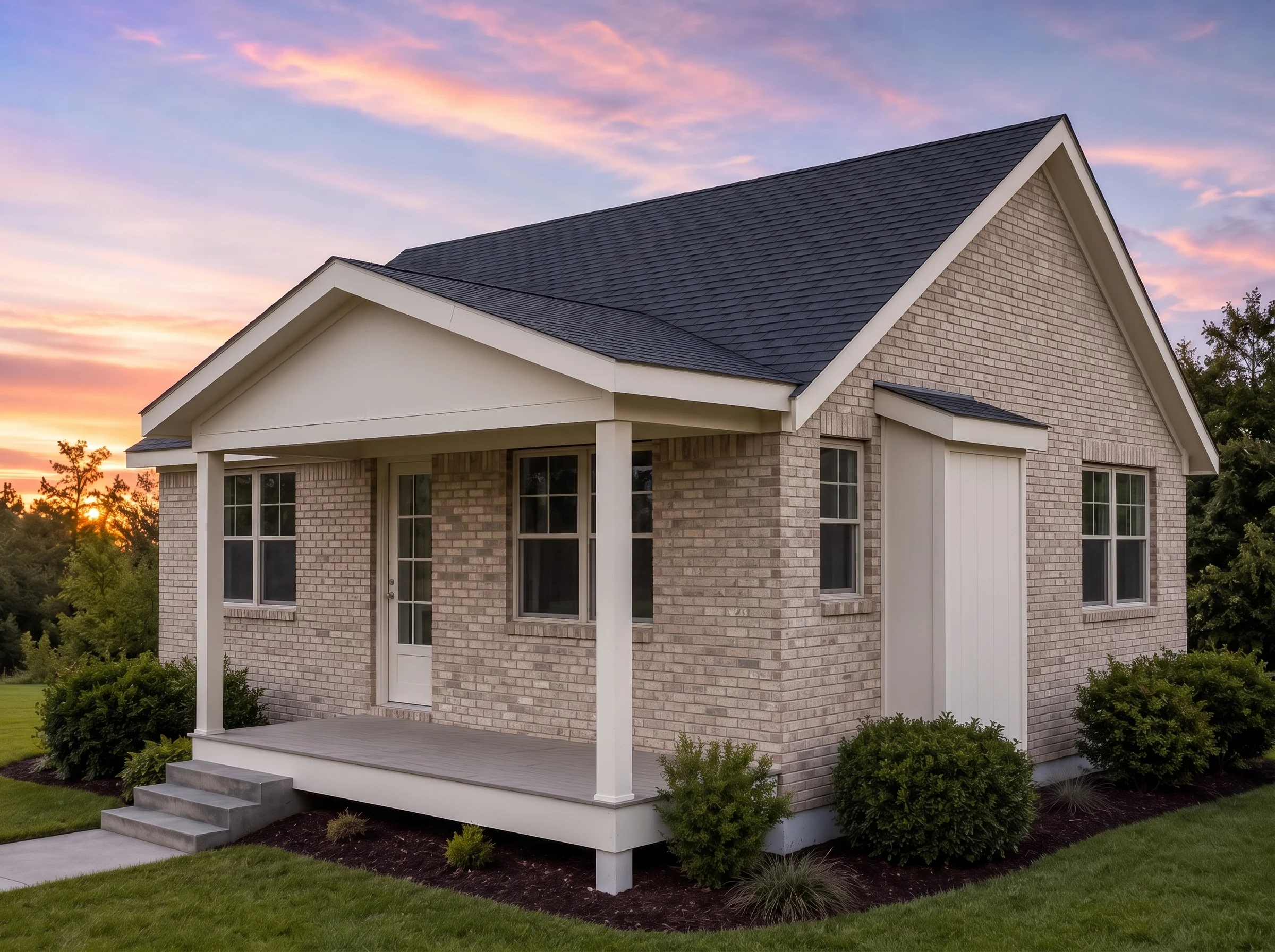 21-2225 HOUSE PLAN – Cabin Home Plan – 2-Bed, 1-Bath, 750SF - Natural Brick, AI-generated exterior concept
