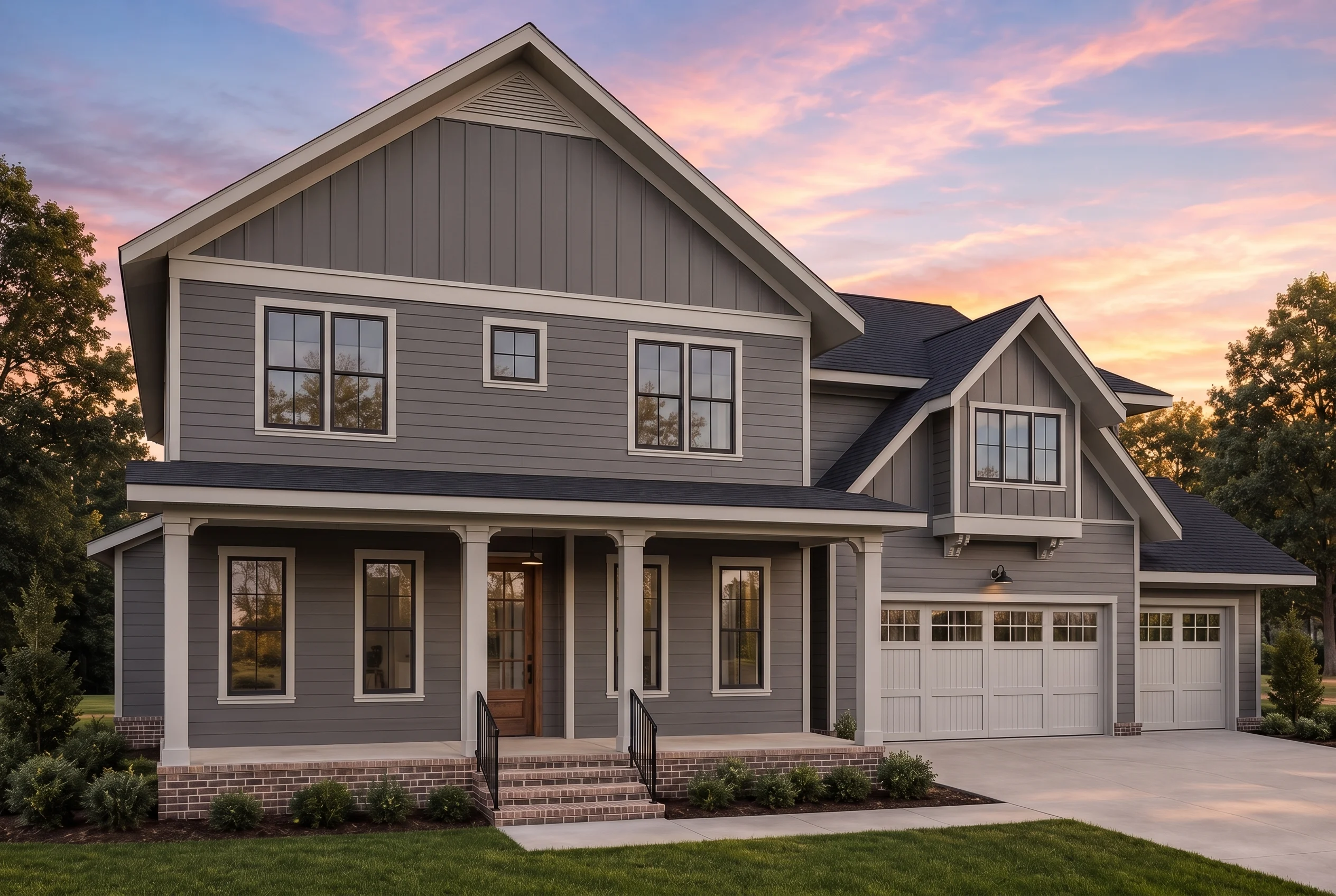 21-2986 HOUSE PLAN – Modern Farmhouse Home Plan – 4-Bed, 3-Bath, 3,907 SF - Warm Charcoal, AI-generated exterior concept